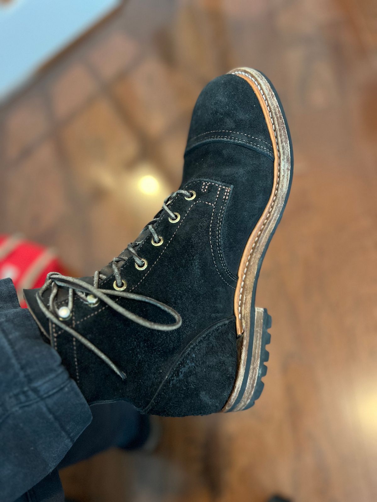 Photo by PatinaEnvy on May 21, 2025 of the Truman Cap Toe Boot in Black Oiled Rough Out.
