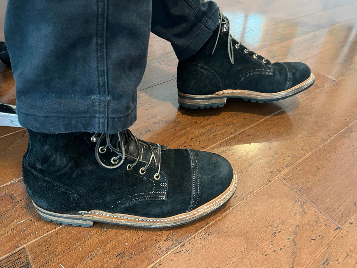 Photo by PatinaEnvy on May 21, 2025 of the Truman Cap Toe Boot in Black Oiled Rough Out.