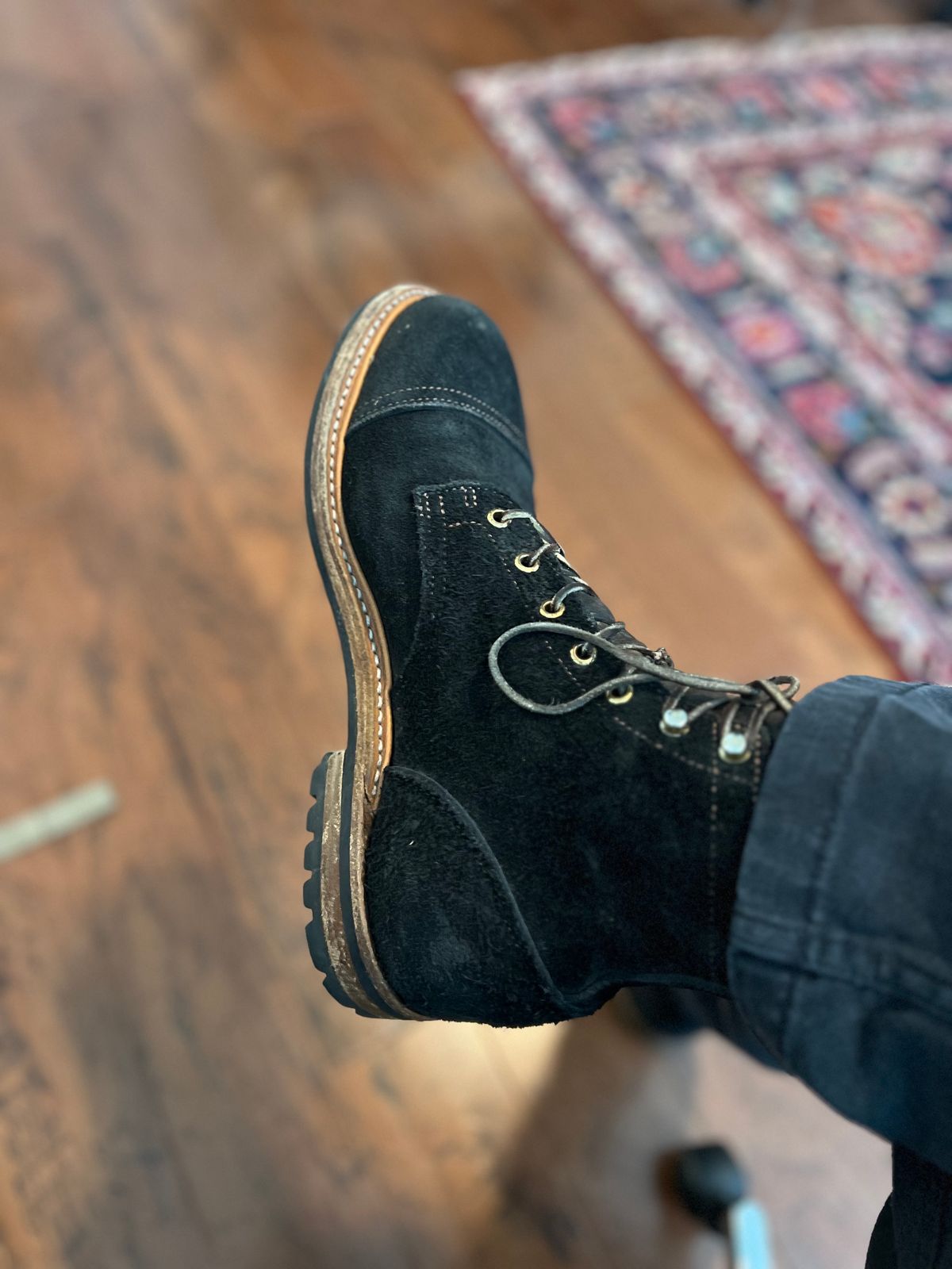 Photo by PatinaEnvy on May 21, 2025 of the Truman Cap Toe Boot in Black Oiled Rough Out.