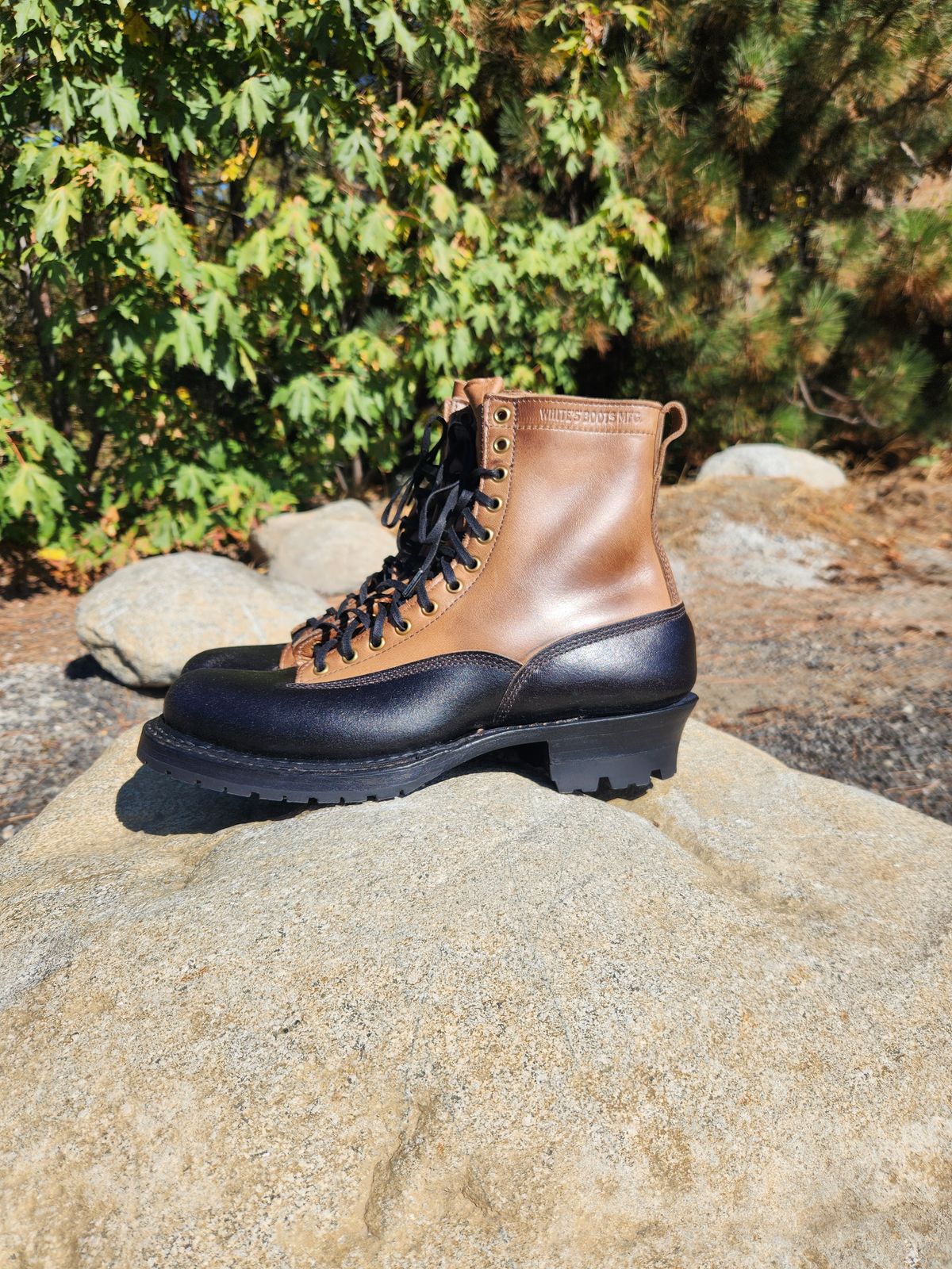 Photo by nickjack on October 3, 2025 of the White's x Division Road LTT Logger 375 in Horween Natural Chromexcel & Horween Black Waxed Flesh.