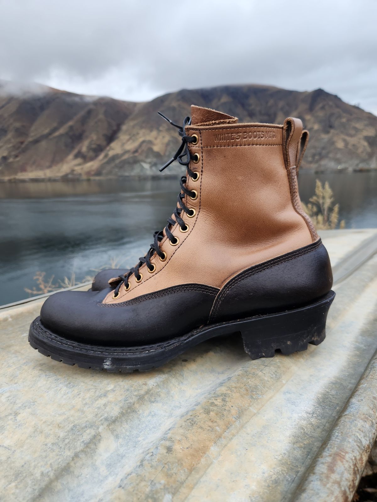 Photo by nickjack on November 4, 2025 of the White's x Division Road LTT Logger 375 in Horween Natural Chromexcel & Horween Black Waxed Flesh.