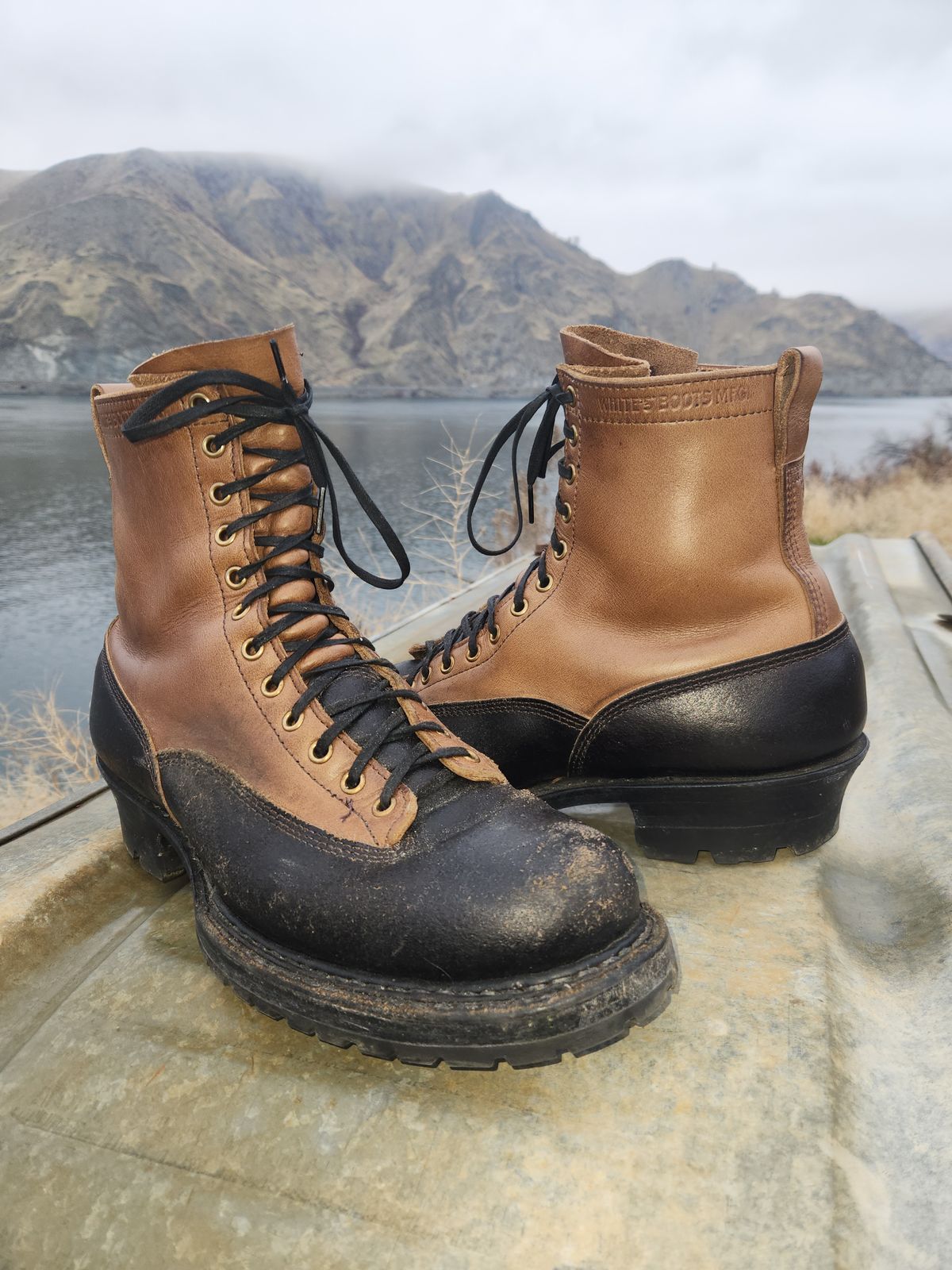 Photo by nickjack on December 3, 2025 of the White's x Division Road LTT Logger 375 in Horween Natural Chromexcel & Horween Black Waxed Flesh.