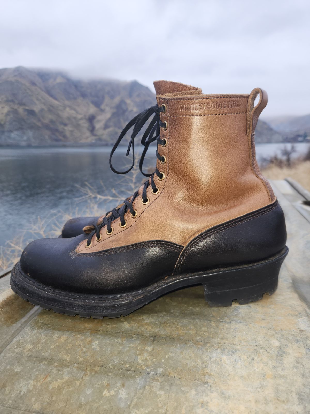 Photo by nickjack on December 3, 2025 of the White's x Division Road LTT Logger 375 in Horween Natural Chromexcel & Horween Black Waxed Flesh.