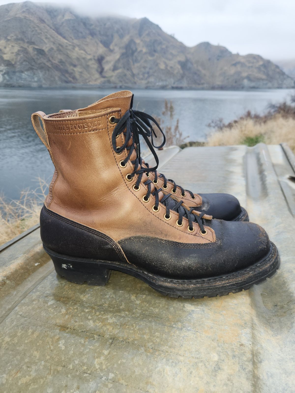 Photo by nickjack on December 3, 2025 of the White's x Division Road LTT Logger 375 in Horween Natural Chromexcel & Horween Black Waxed Flesh.