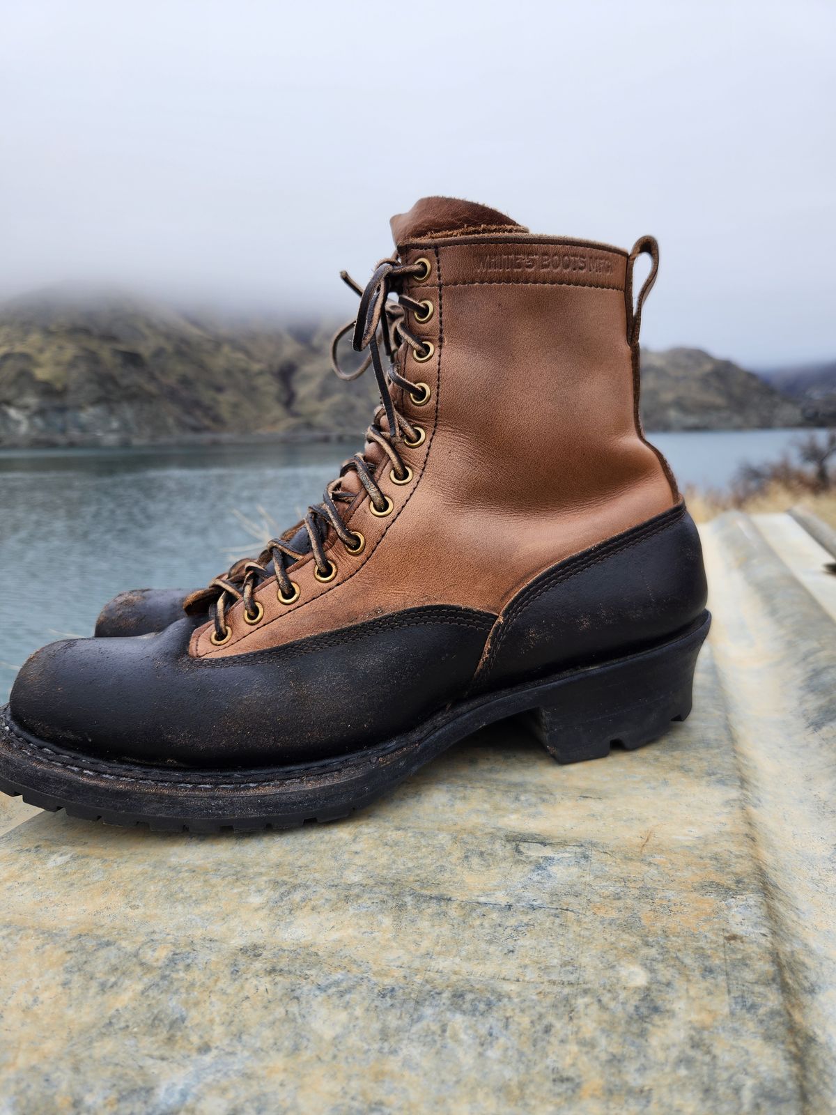 Photo by nickjack on January 5, 2026 of the White's x Division Road LTT Logger 375 in Horween Natural Chromexcel & Horween Black Waxed Flesh.