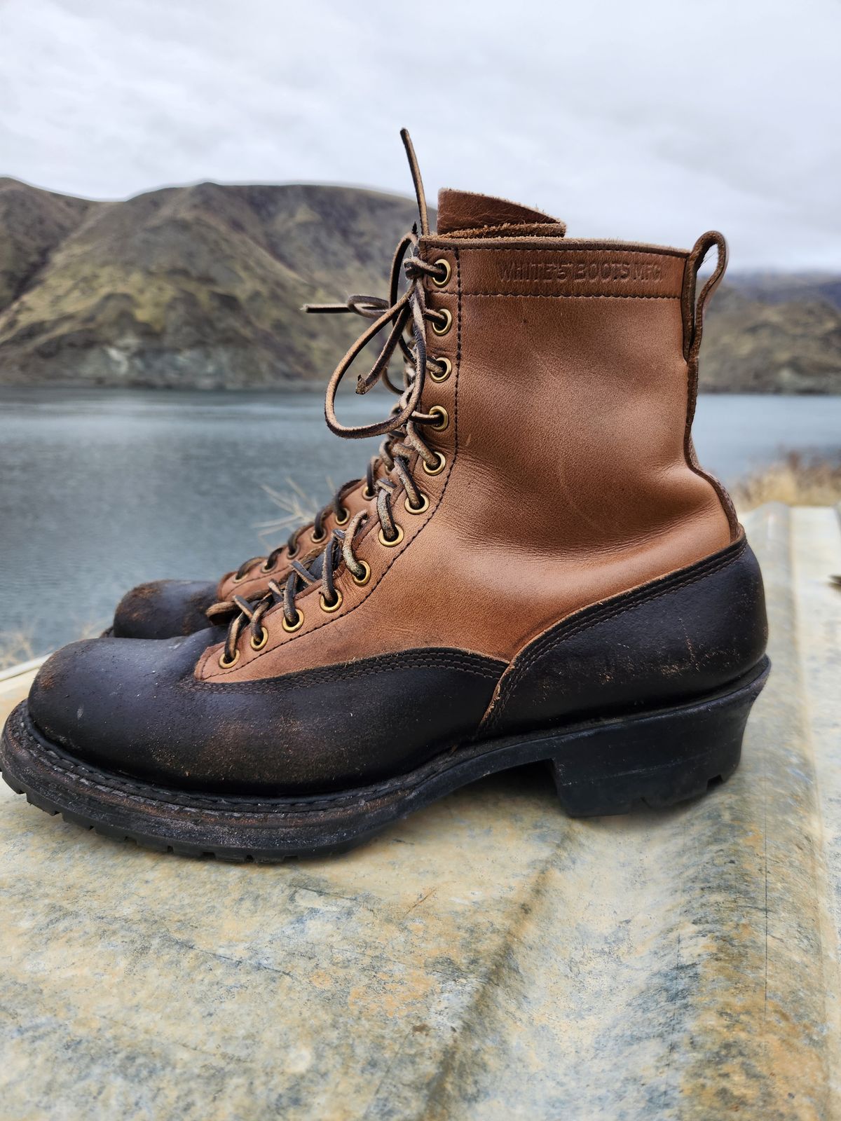 Photo by nickjack on February 4, 2026 of the White's x Division Road LTT Logger 375 in Horween Natural Chromexcel & Horween Black Waxed Flesh.