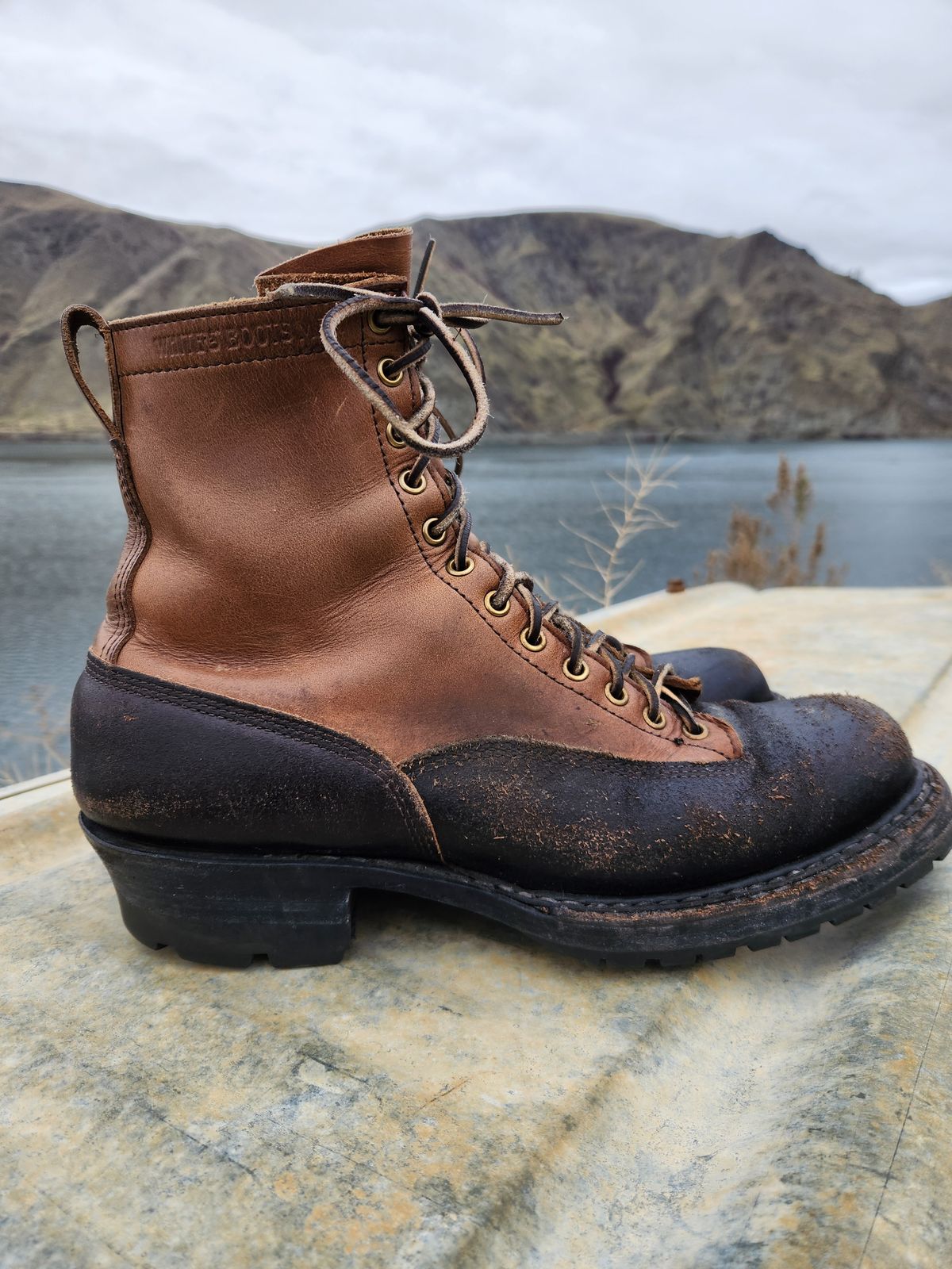 Photo by nickjack on February 4, 2026 of the White's x Division Road LTT Logger 375 in Horween Natural Chromexcel & Horween Black Waxed Flesh.