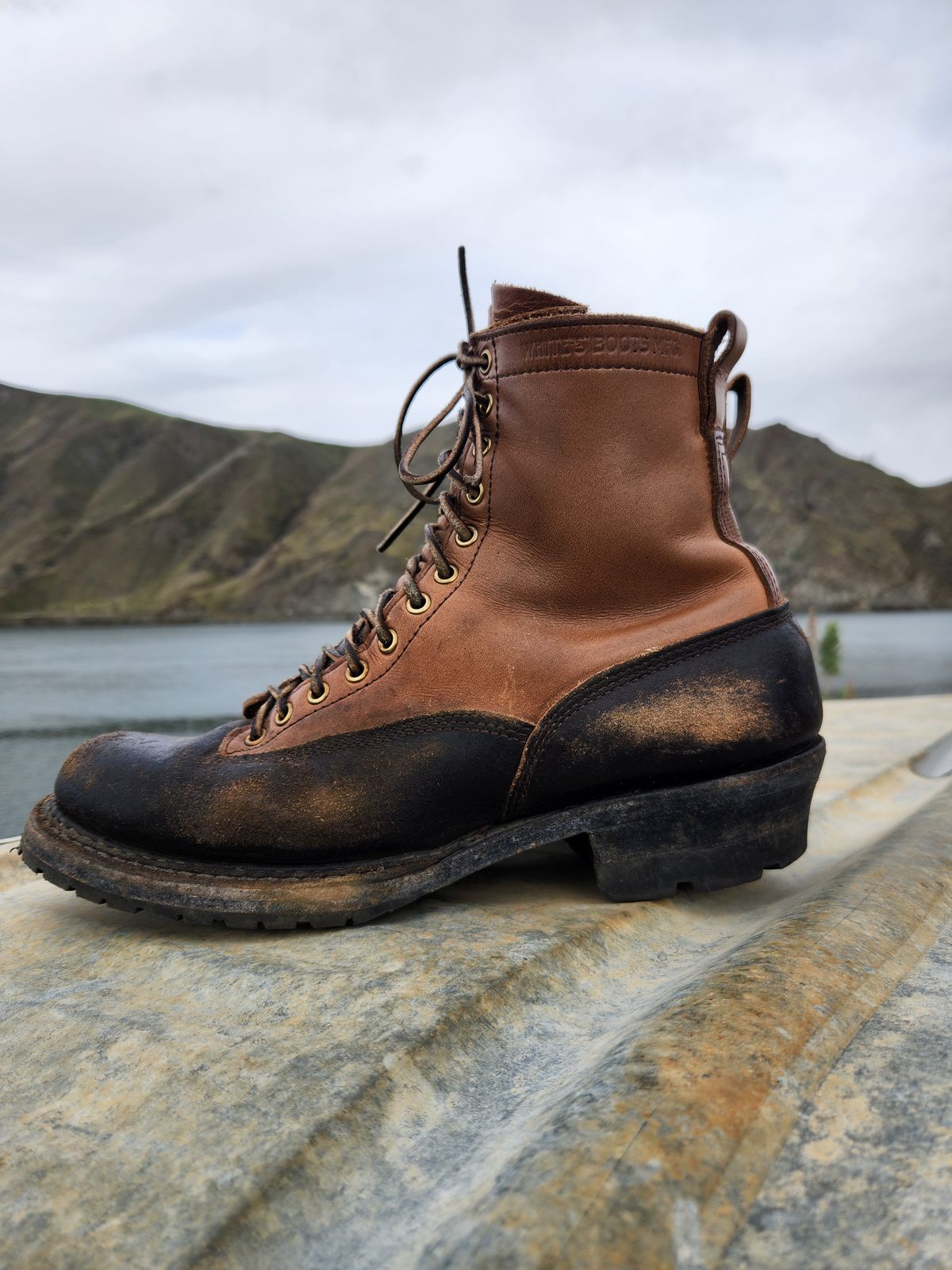 Photo by nickjack on April 2, 2026 of the White's x Division Road LTT Logger 375 in Horween Natural Chromexcel & Horween Black Waxed Flesh.