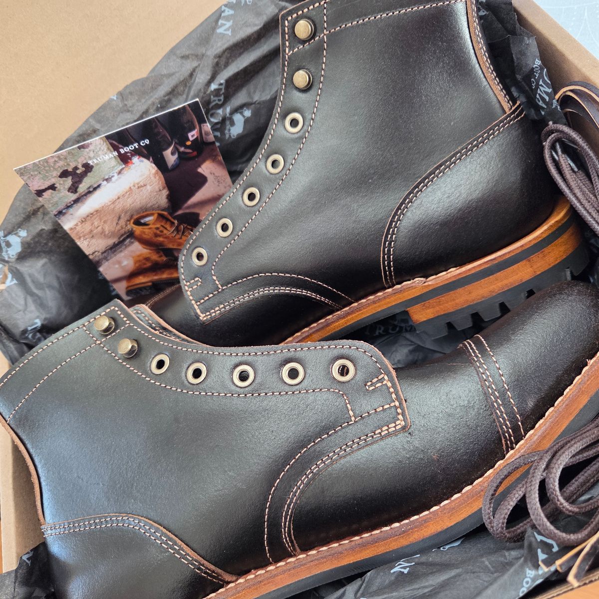 Photo by DownThunderdome on April 28, 2025 of the Truman Cap Toe Boot in Horween Java Waxed Flesh.