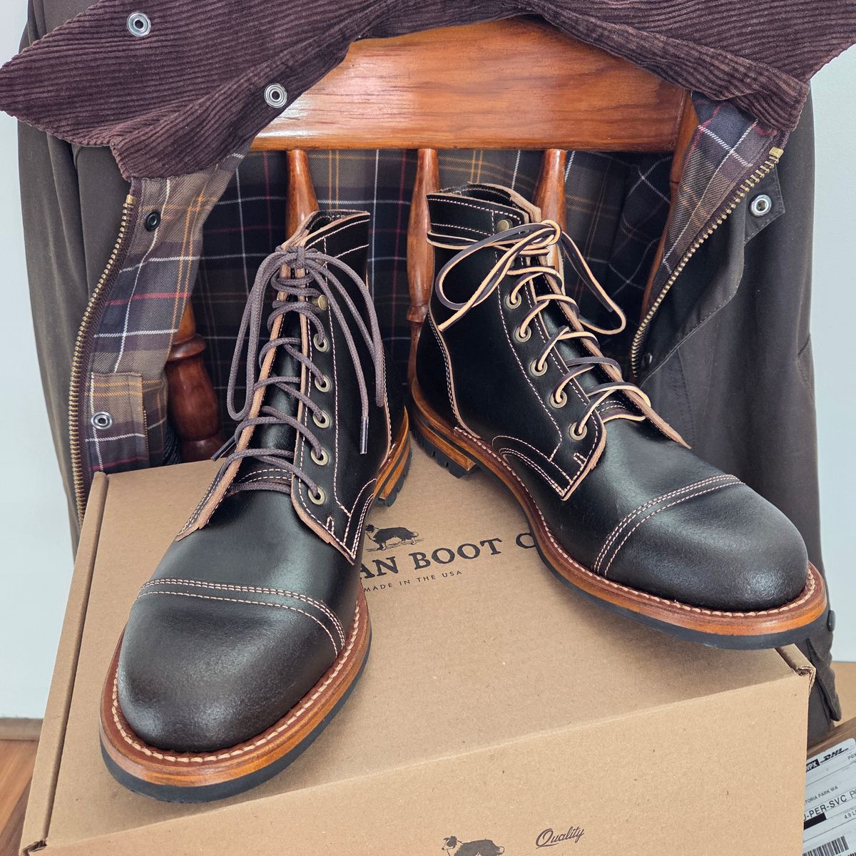 Photo by DownThunderdome on April 28, 2025 of the Truman Cap Toe Boot in Horween Java Waxed Flesh.