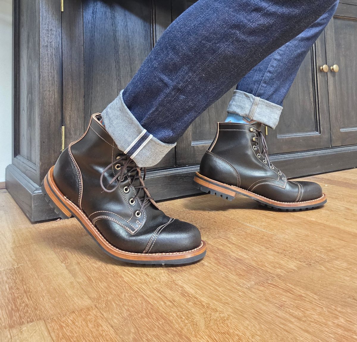 Photo by DownThunderdome on April 29, 2025 of the Truman Cap Toe Boot in Horween Java Waxed Flesh.