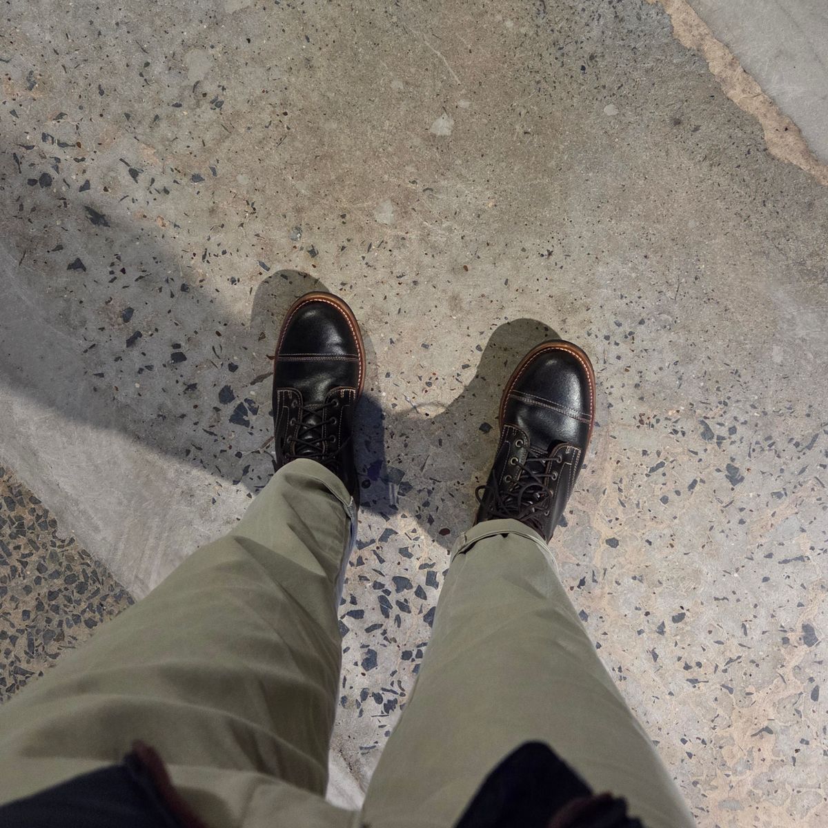 Photo by DownThunderdome on May 18, 2025 of the Truman Cap Toe Boot in Horween Java Waxed Flesh.