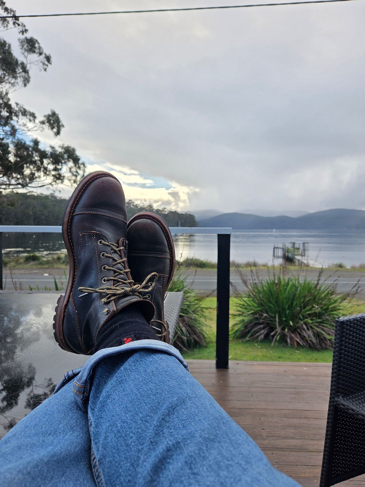 Photo by DownThunderdome on August 10, 2025 of the Truman Cap Toe Boot in Horween Java Waxed Flesh.