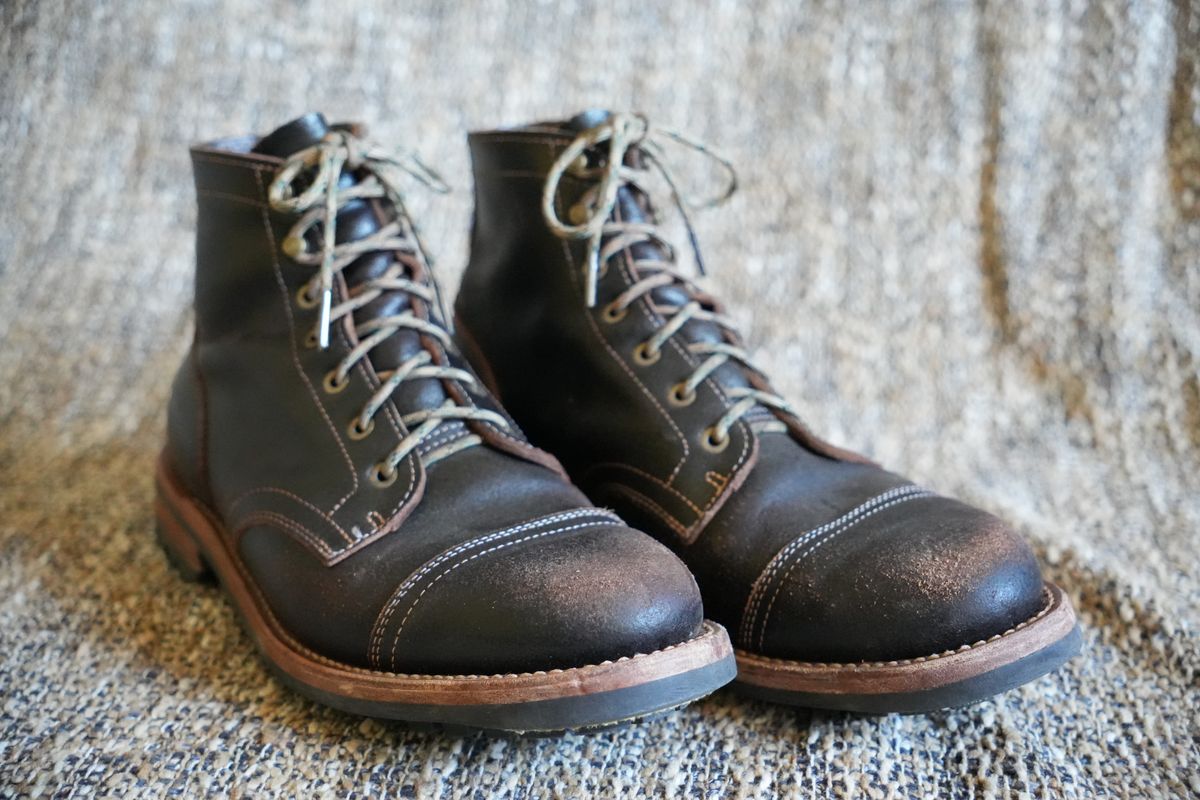 Photo by DownThunderdome on September 30, 2025 of the Truman Cap Toe Boot in Horween Java Waxed Flesh.