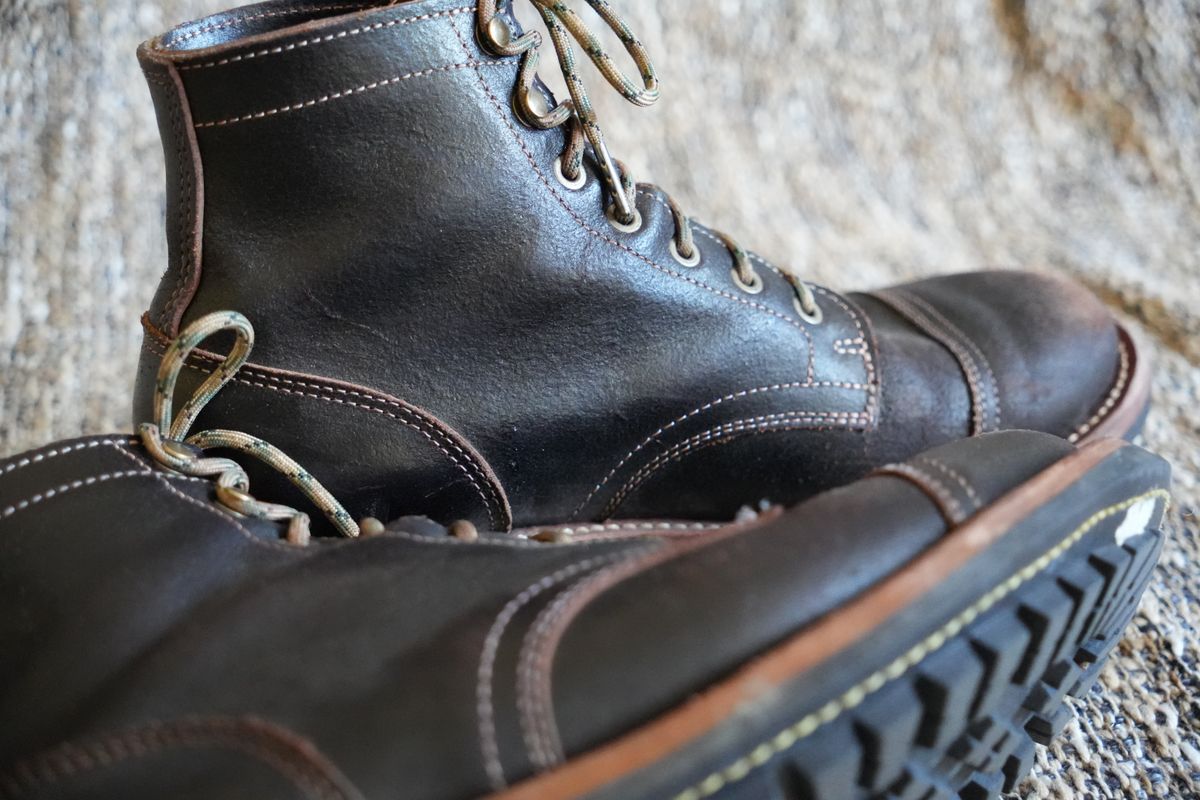Photo by DownThunderdome on September 30, 2025 of the Truman Cap Toe Boot in Horween Java Waxed Flesh.