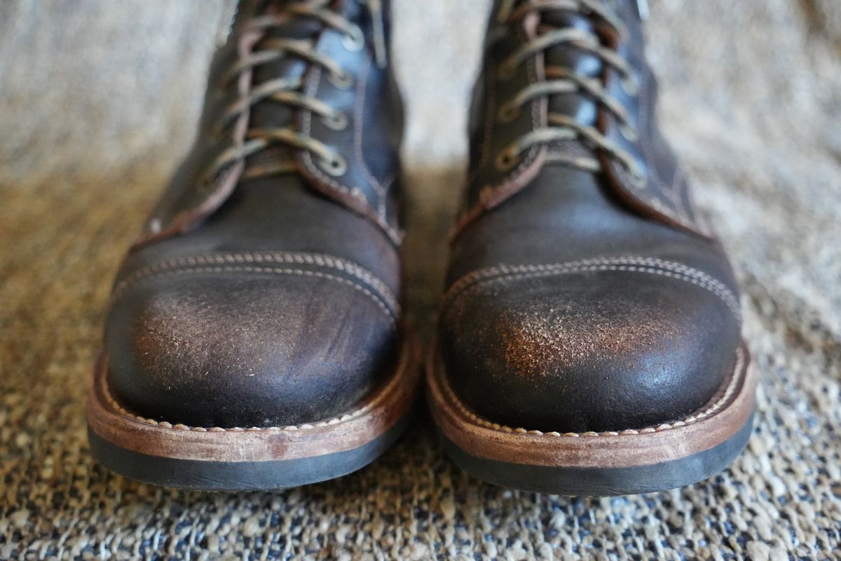Photo by DownThunderdome on September 30, 2025 of the Truman Cap Toe Boot in Horween Java Waxed Flesh.