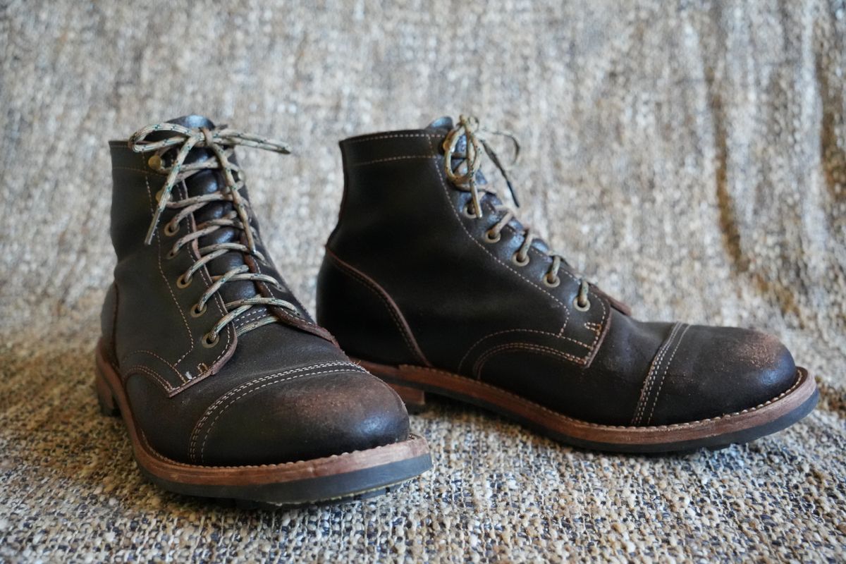 Photo by DownThunderdome on September 30, 2025 of the Truman Cap Toe Boot in Horween Java Waxed Flesh.
