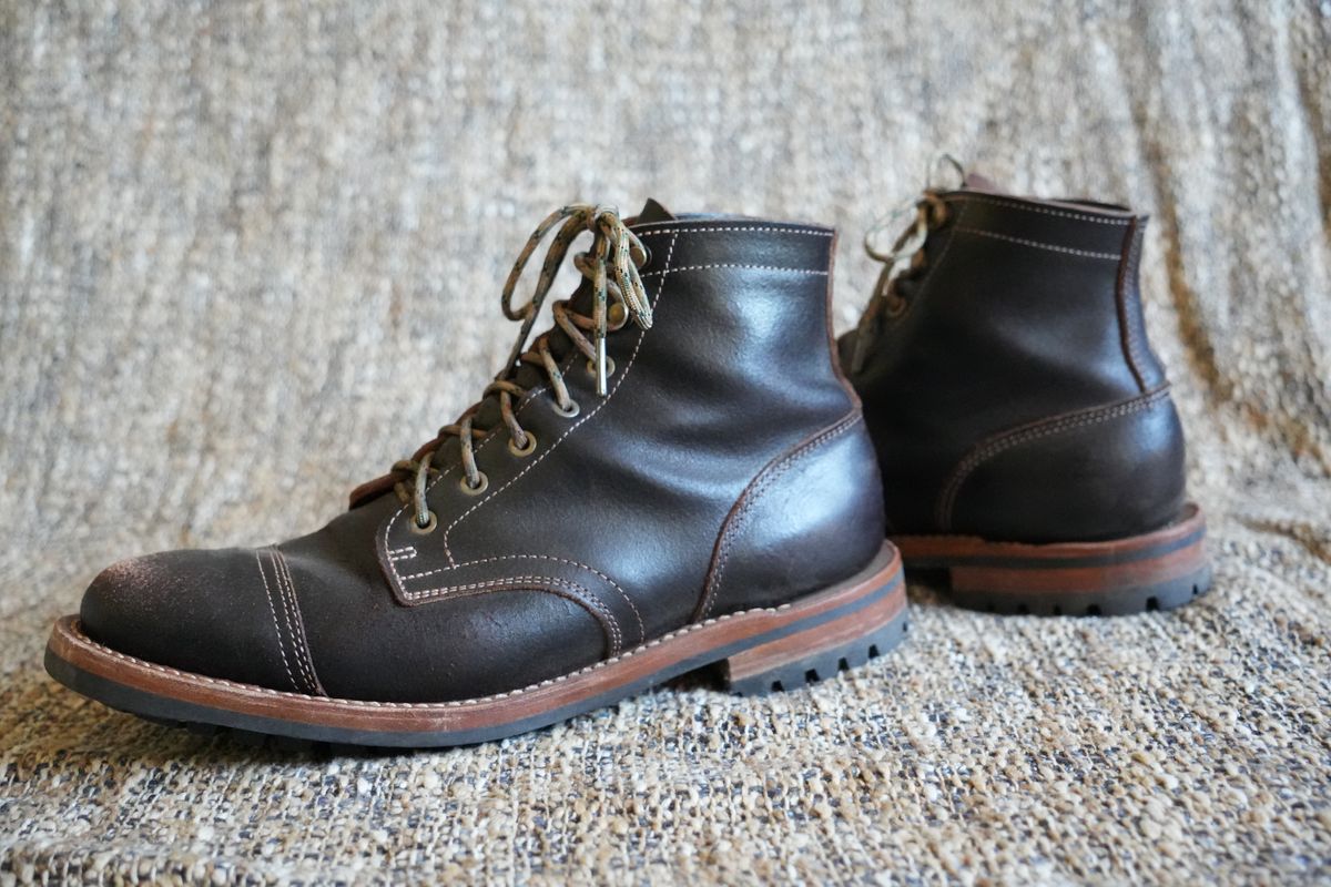 Photo by DownThunderdome on September 30, 2025 of the Truman Cap Toe Boot in Horween Java Waxed Flesh.