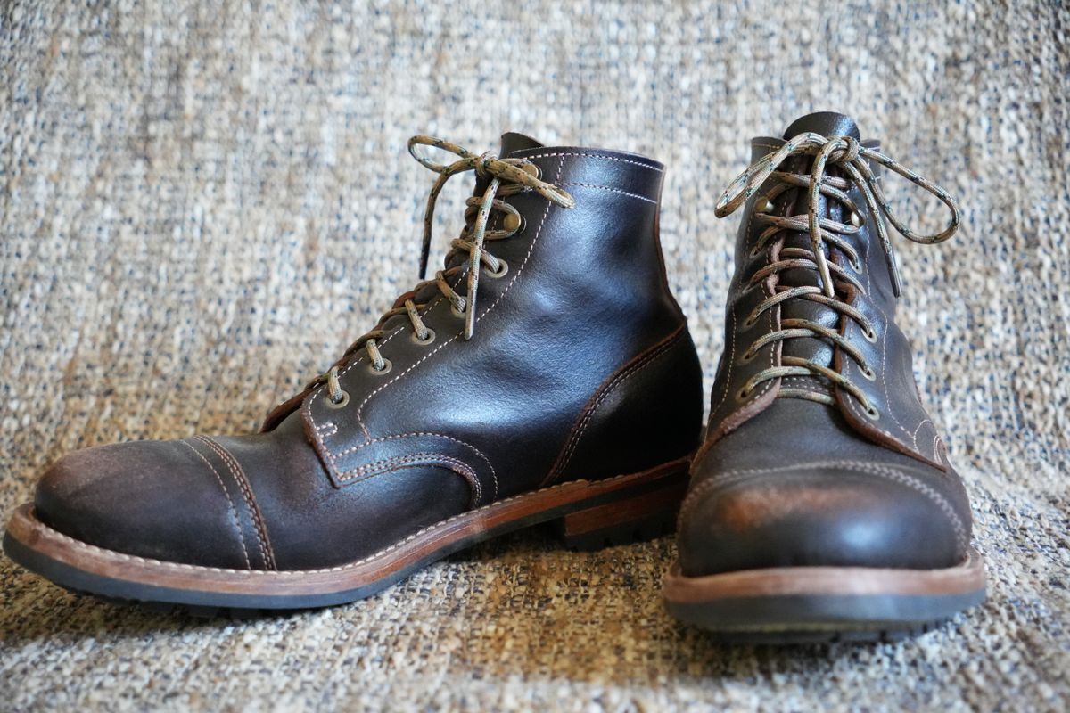 Photo by DownThunderdome on September 30, 2025 of the Truman Cap Toe Boot in Horween Java Waxed Flesh.
