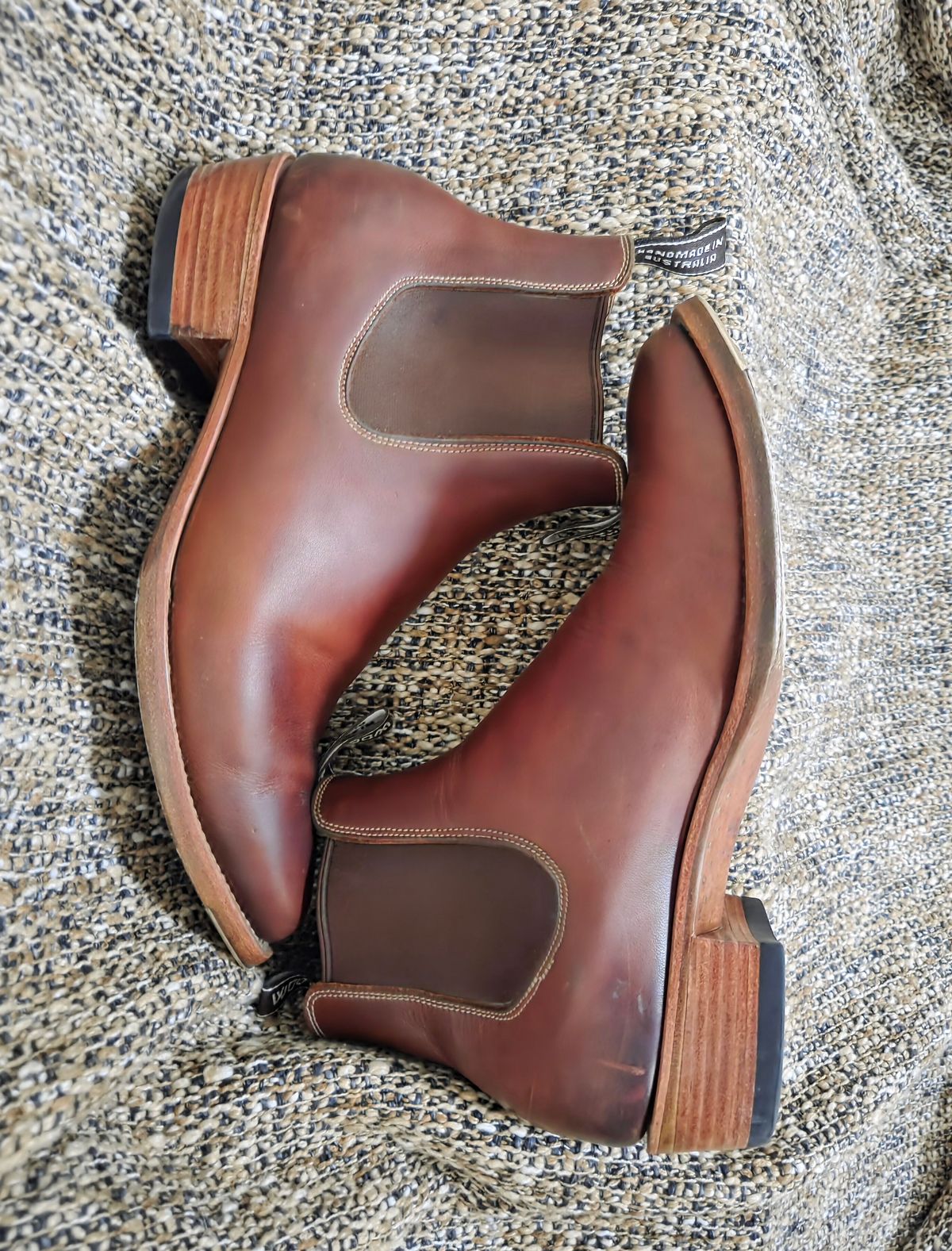 Photo by DownThunderdome on December 1, 2025 of the Wootten Sgt. Pepper in Waxxed Saddle Tan.