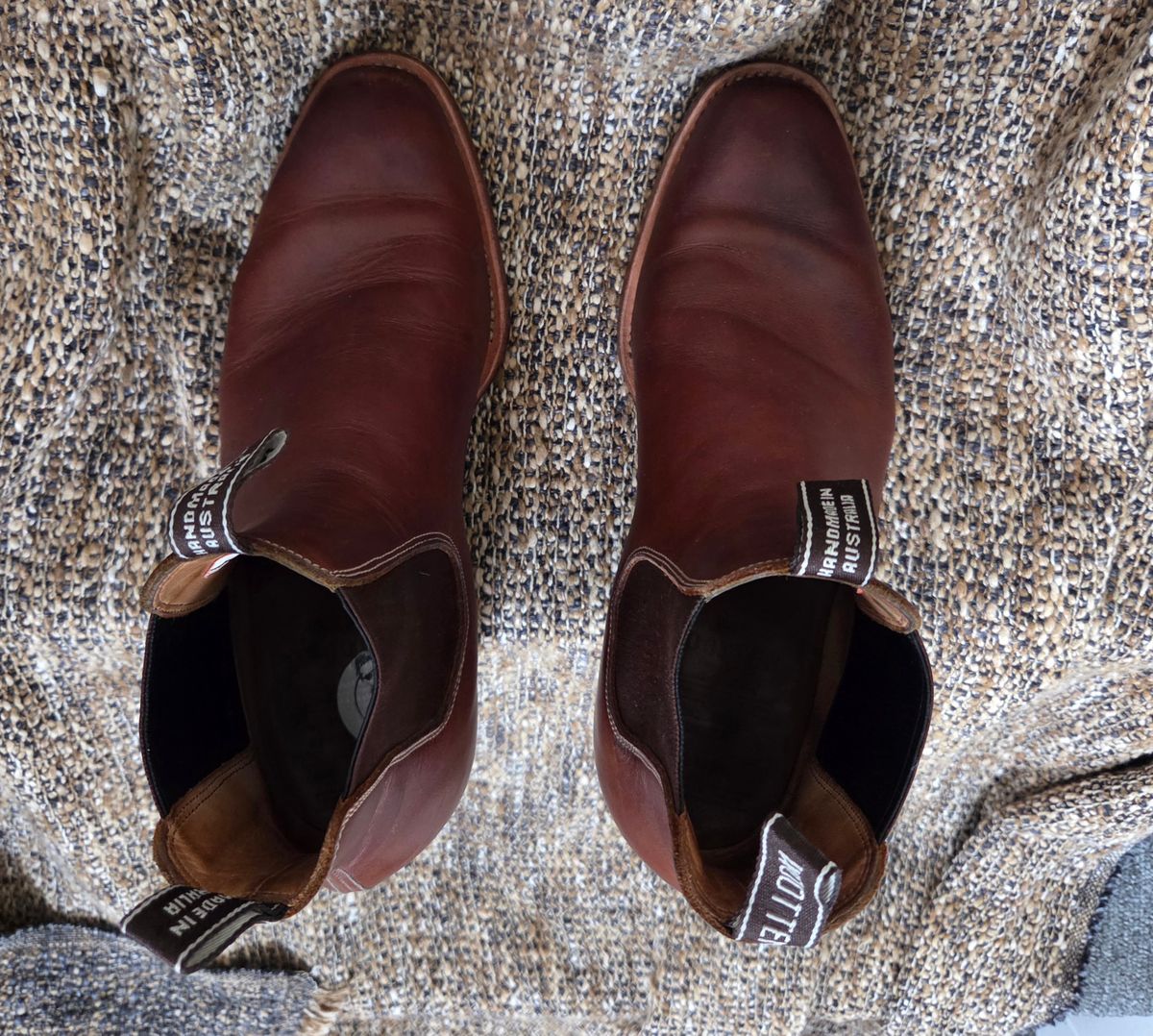 Photo by DownThunderdome on December 1, 2025 of the Wootten Sgt. Pepper in Waxxed Saddle Tan.