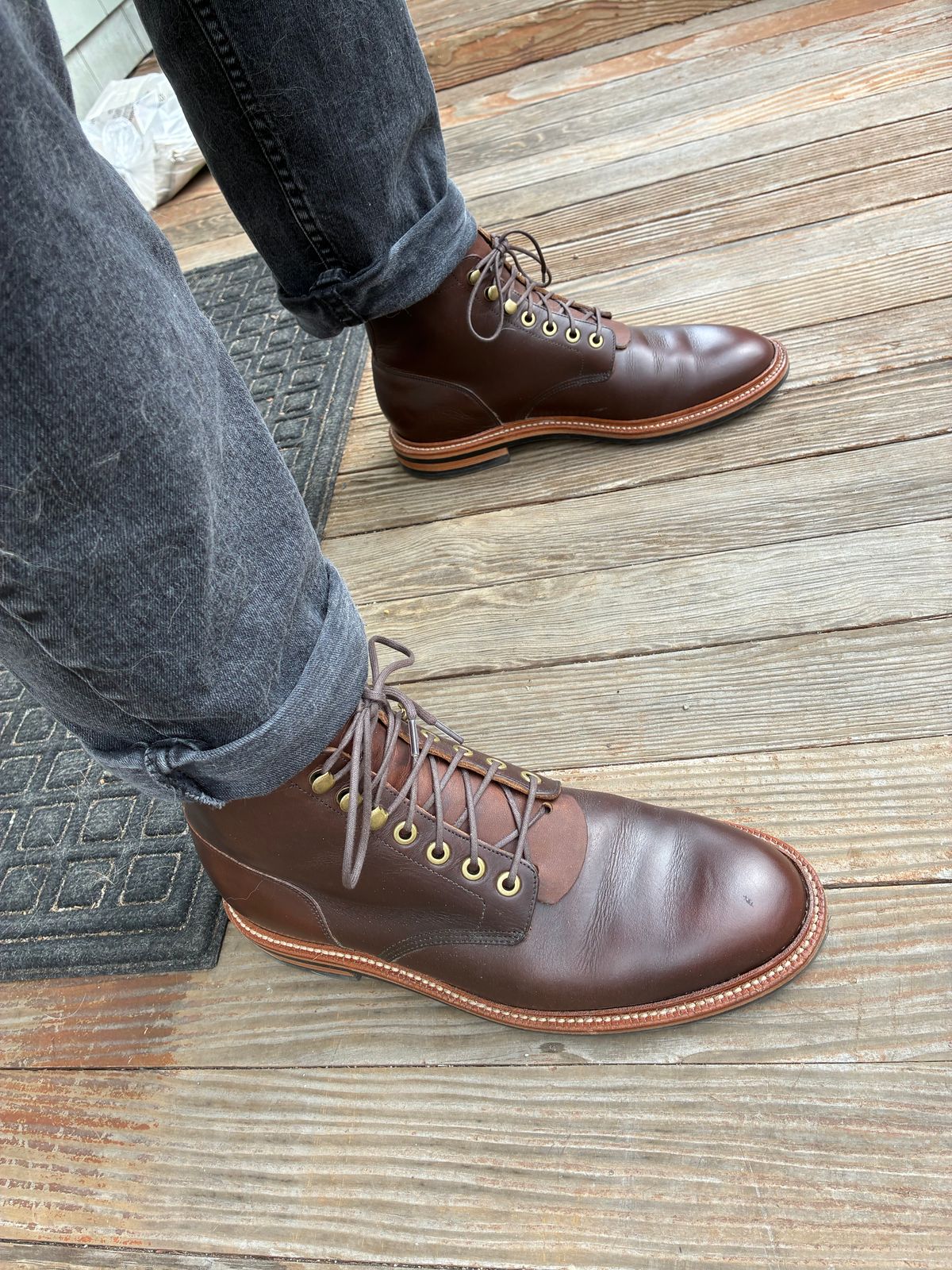 Photo by chrsd on April 7, 2026 of the Grant Stone Diesel Boot in Horween Crimson Chromexcel.