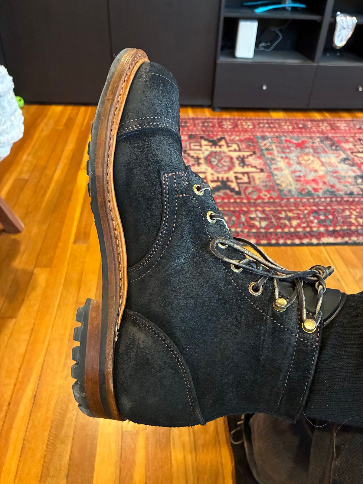 Photo by chrsd on April 5, 2026 of the Truman Cap Toe Boot in Seidel Black Oil Tan Roughout.