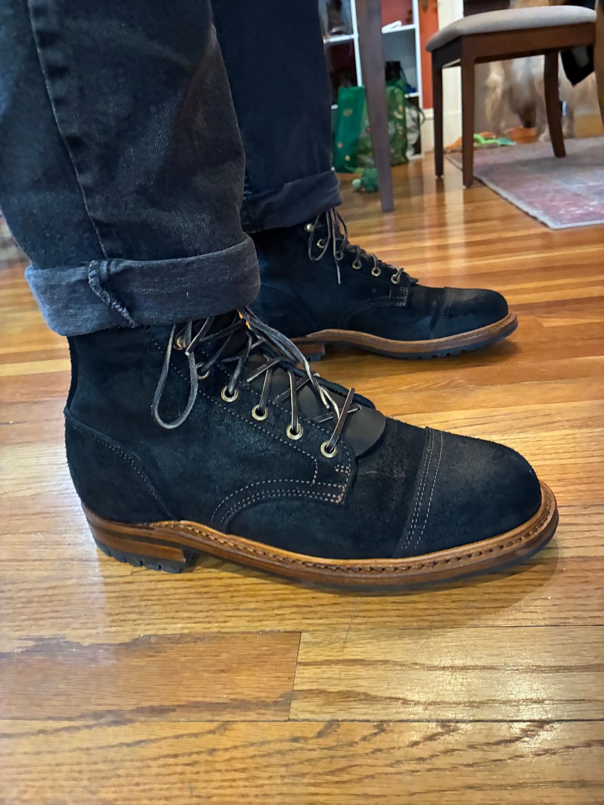 Photo by chrsd on April 5, 2026 of the Truman Cap Toe Boot in Seidel Black Oil Tan Roughout.