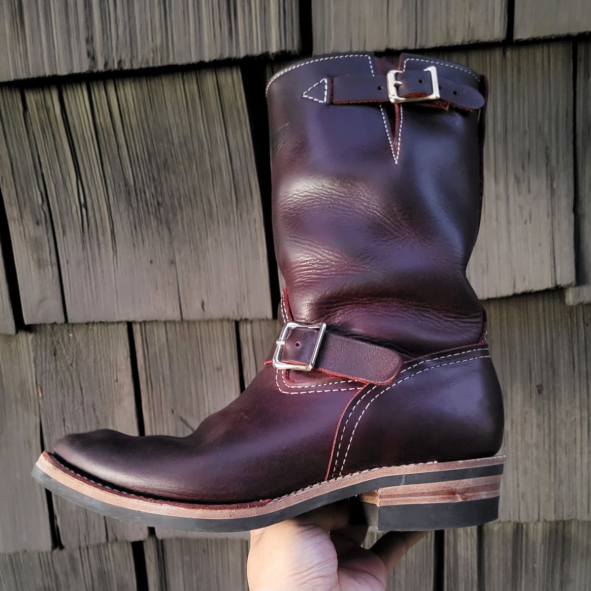 Photo by Mobeeenzeee on December 6, 2025 of the Wesco Boss Engineer Boot in Burgundy Domain.