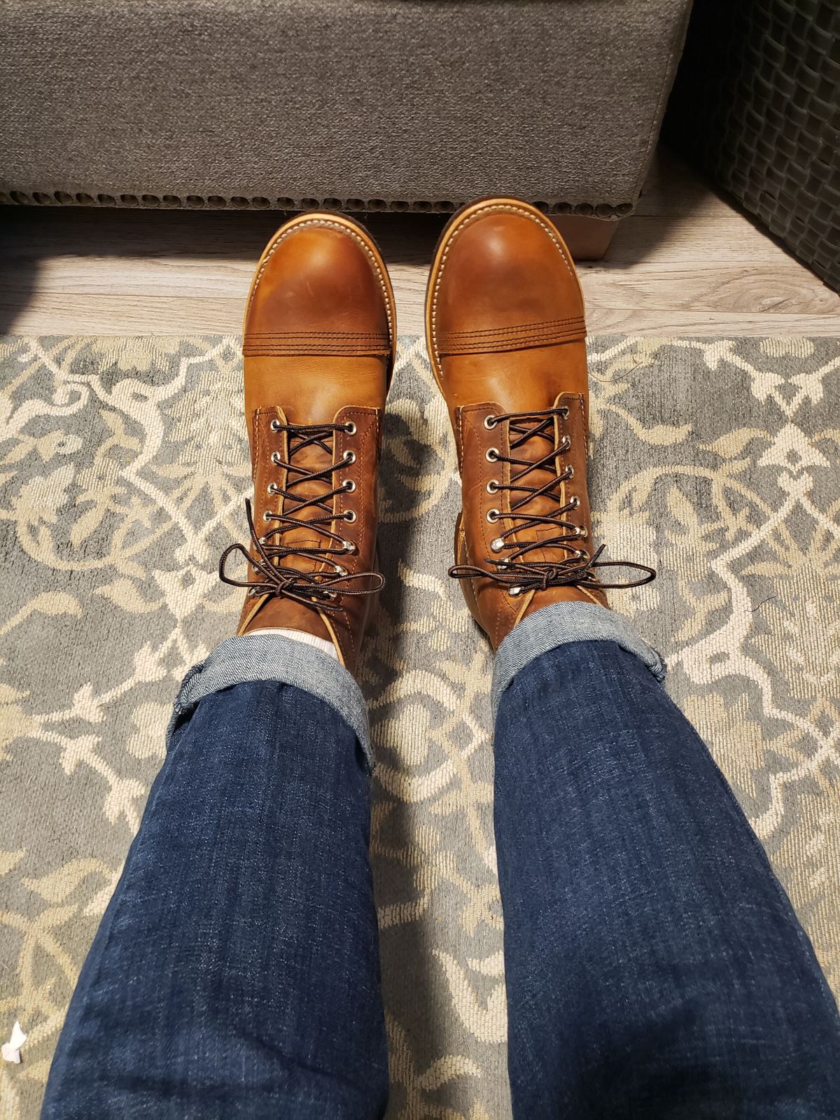 Photo by InanimatePepper on October 27, 2023 of the Red Wing Iron Ranger in S.B. Foot Copper Rough and Tough.