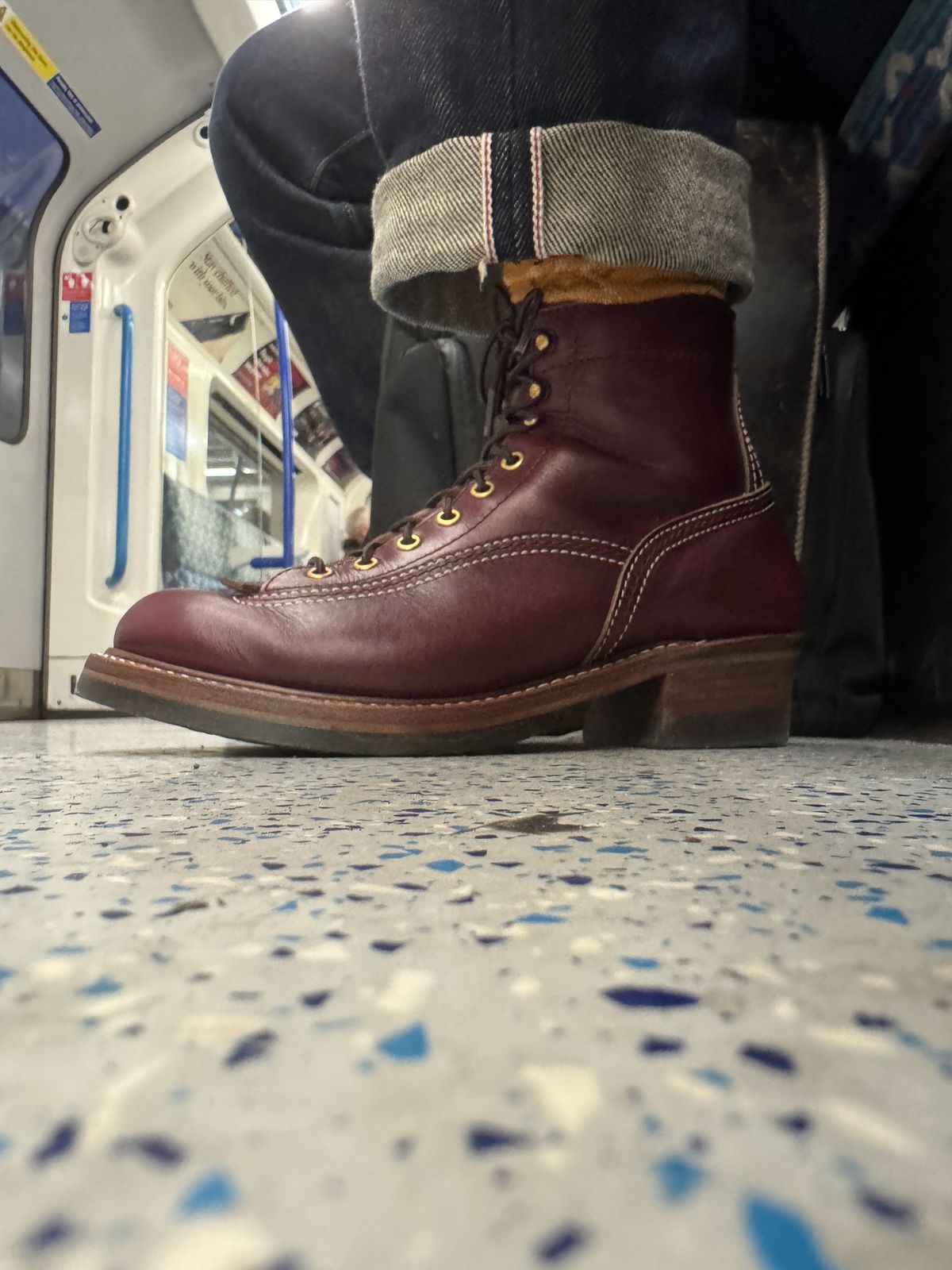Photo by Poseidon on November 15, 2025 of the John Lofgren Donkey Puncher Boots in Horween Burgundy Chromexcel.