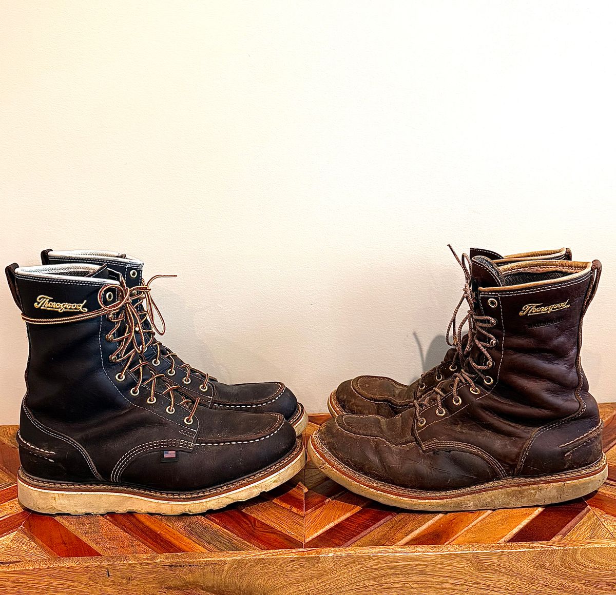 Photo by CurtQuick on May 14, 2026 of the Thorogood 1957 Series 8" Moc Toe in Briar Pitstop Full Grain.