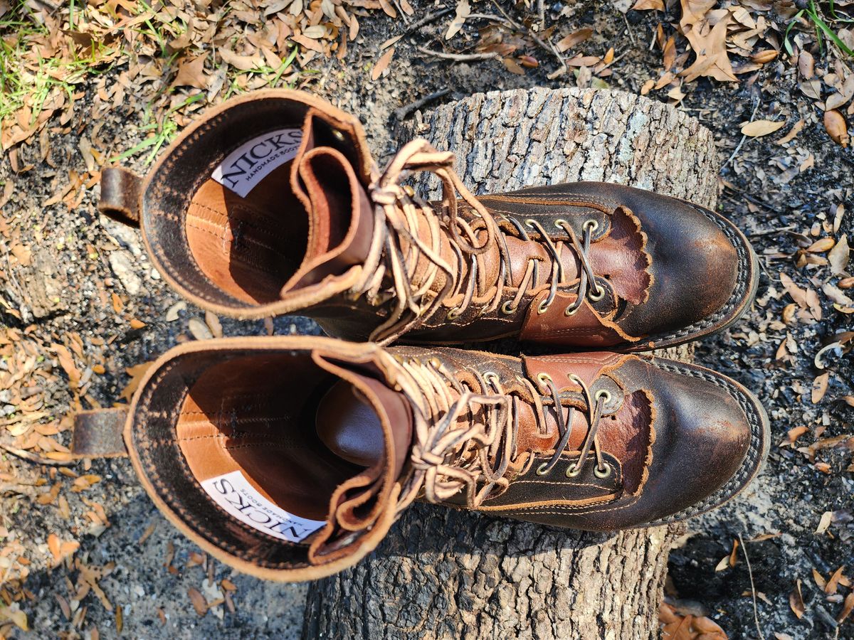 Photo by ProletariatPrince on March 8, 2025 of the Nicks x Rose Anvil ND3 in Horween Brown Waxed Flesh.