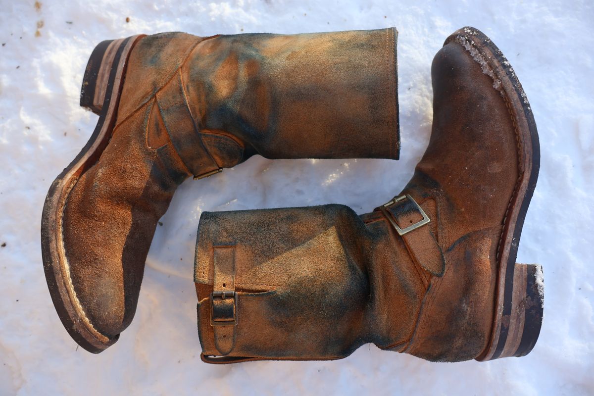 Photo by ahzrukal on February 1, 2026 of the Wesco x Ship John Derroll Boot in Seidel British Tan Domain Roughout.