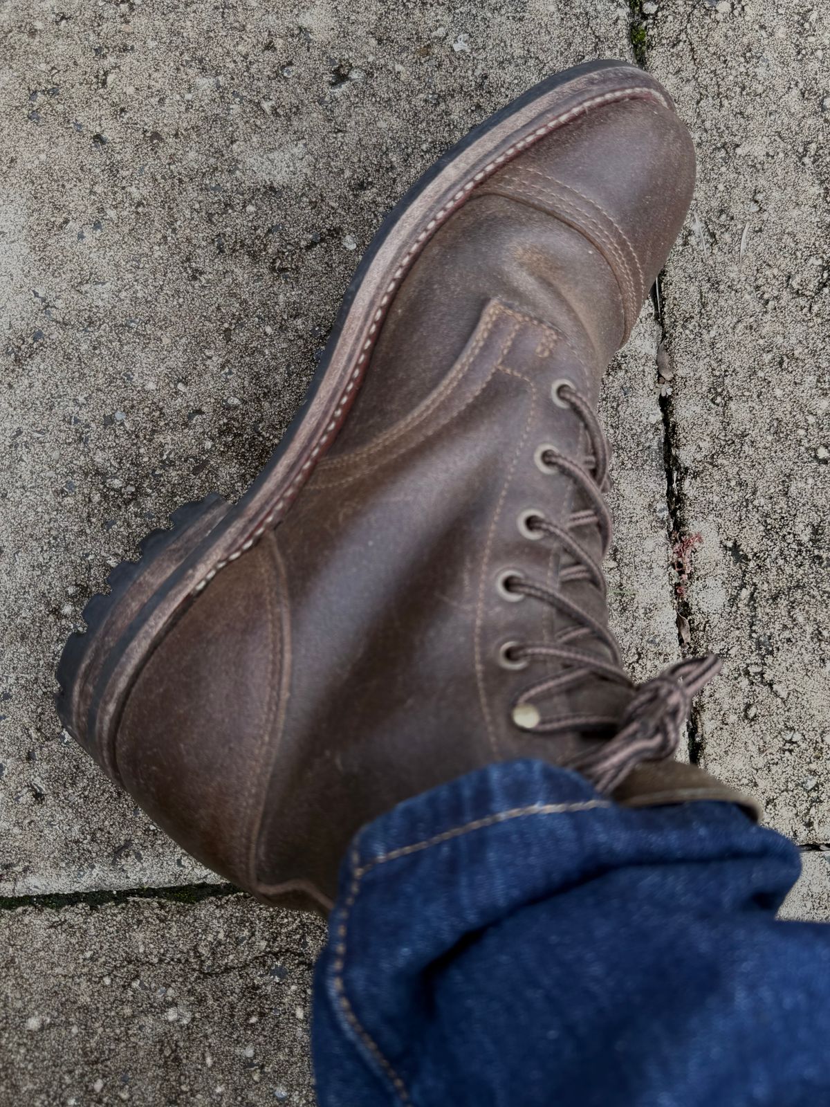 Photo by robrules on May 2, 2025 of the Truman Cap Toe Boot in Horween Dark Olive Waxed Flesh.