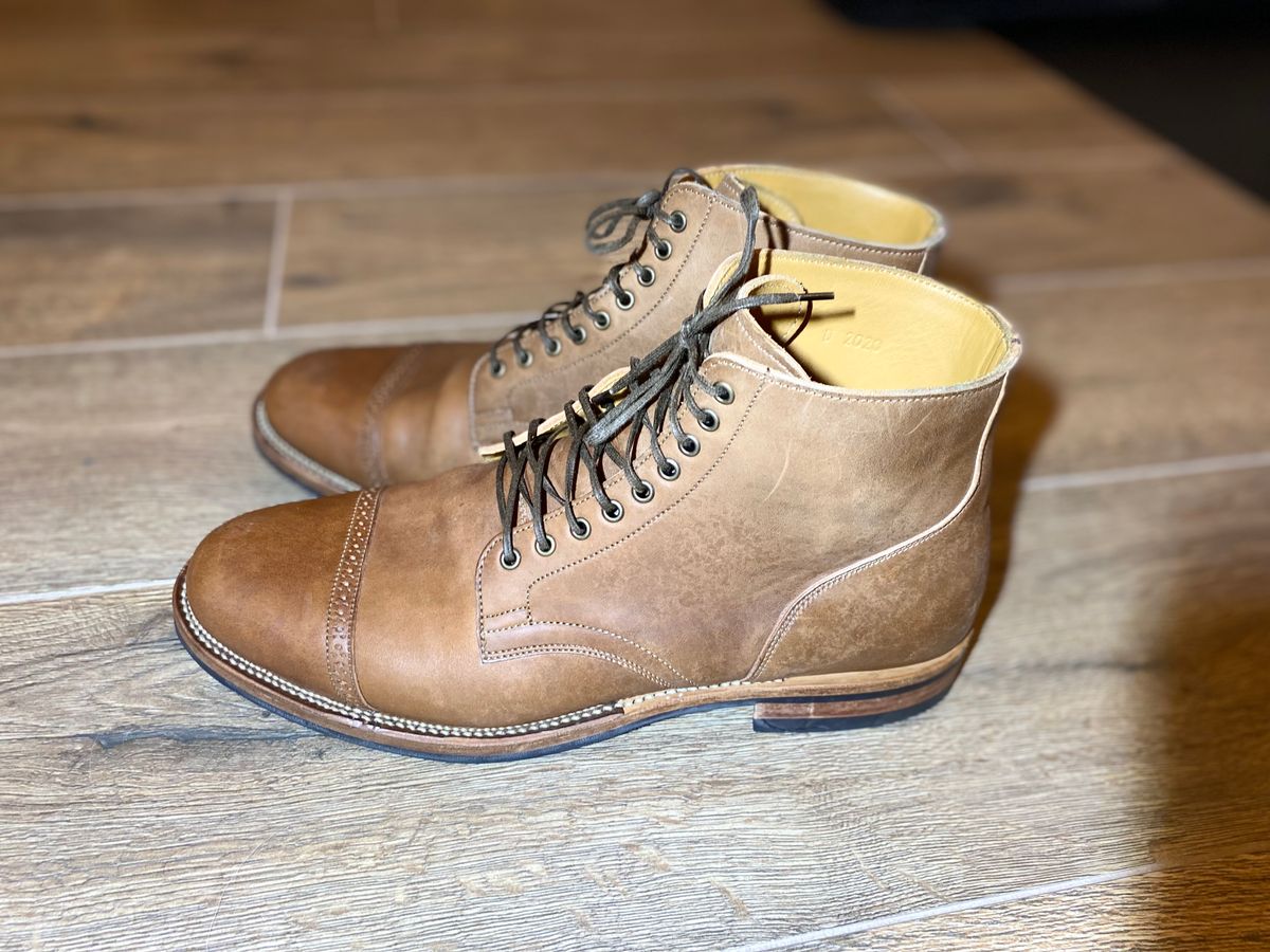 Photo by kjgarland on November 6, 2024 of the Viberg Service Boot in Natural Essex Horsebutt.
