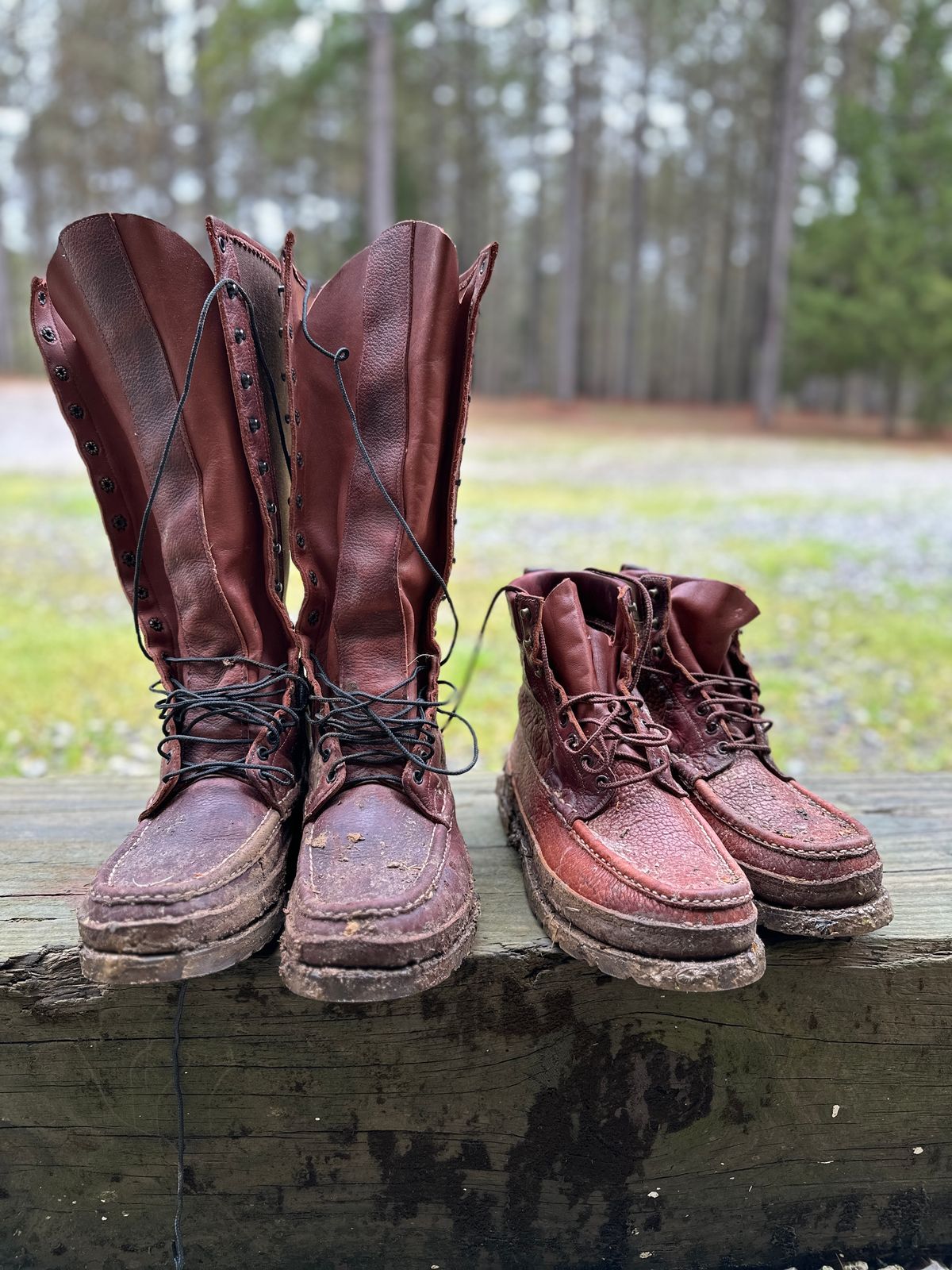 Photo by RussellJoe on March 24, 2025 of the Russell Moccasin Co. Big Cambo in Law Tanning Mahogany Big Horn Shrunken Bison.