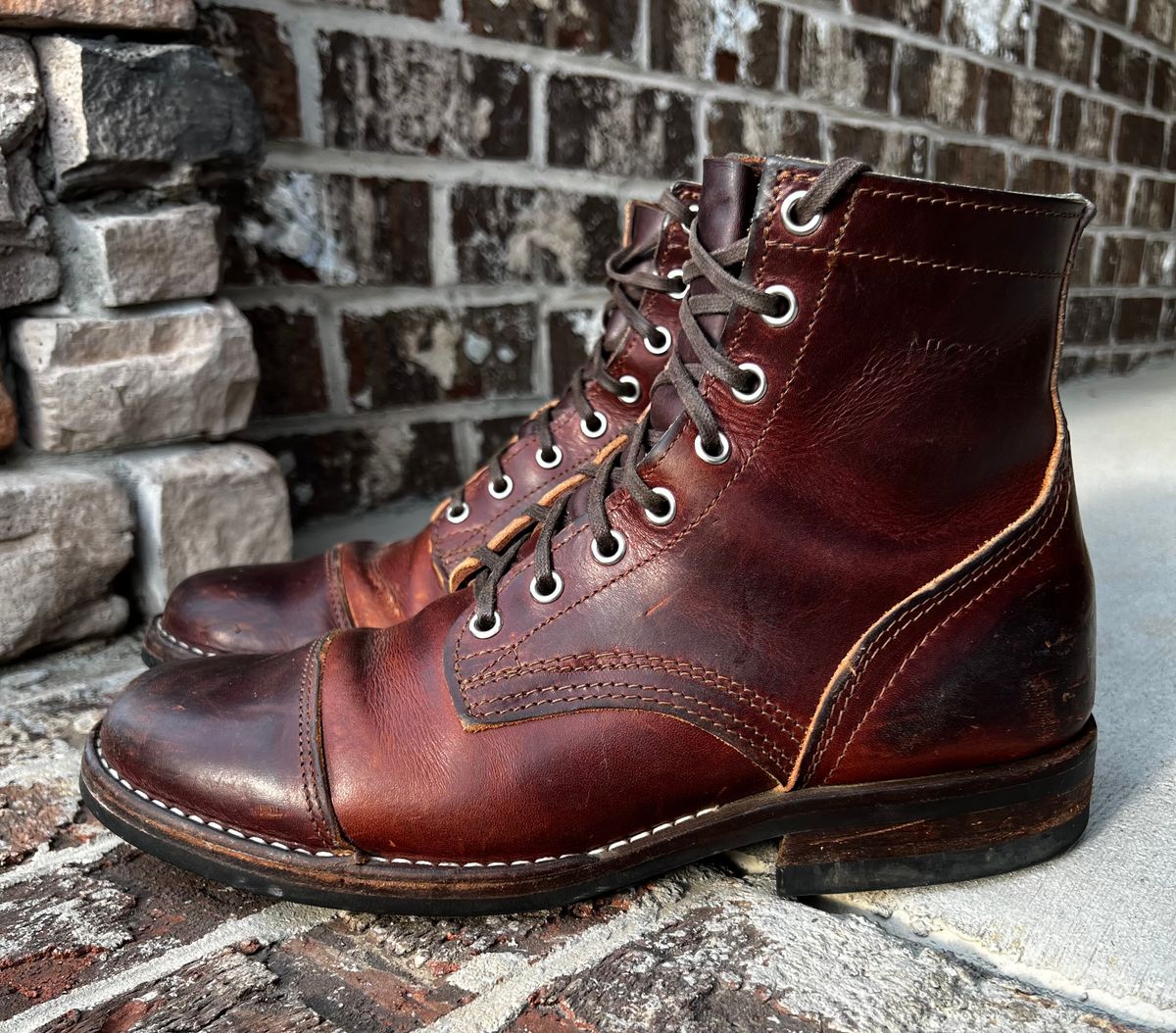 Photo by outlier on April 13, 2026 of the Nicks 1925 Last Dress Boot in Wickett & Craig Buck Brown Double Stuffed.