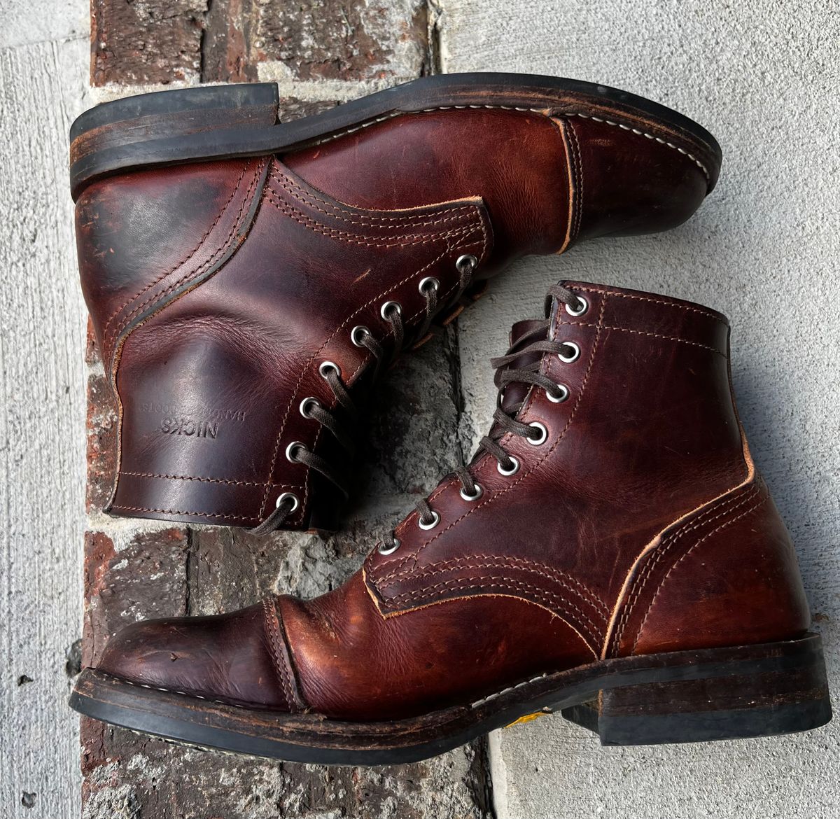 Photo by outlier on April 13, 2026 of the Nicks 1925 Last Dress Boot in Wickett & Craig Buck Brown Double Stuffed.