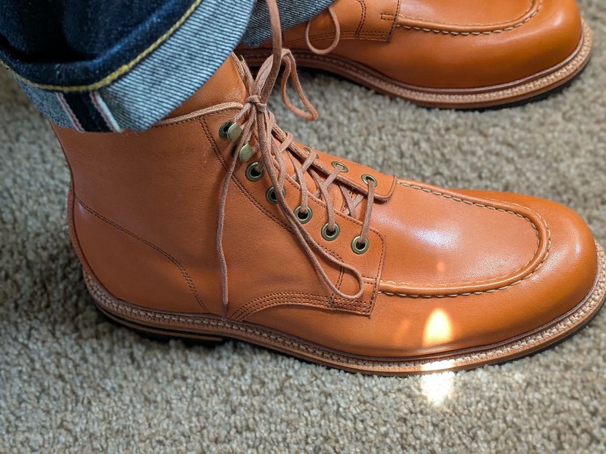 Photo by spamshannon on May 2, 2026 of the Grant Stone Brass Boot in Horween Tan Essex.