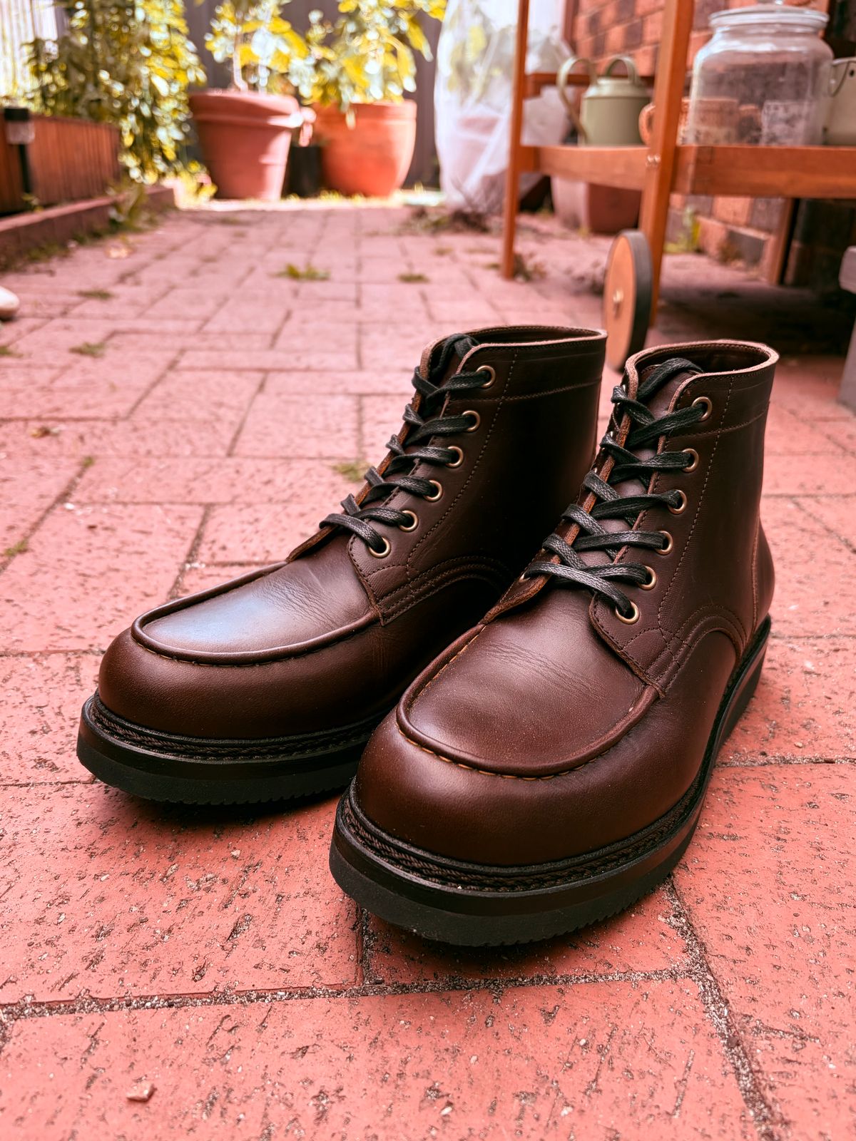 Photo by noogboog on November 20, 2025 of the Junkard Moc Toe Mid in Horween Brown Chromexcel.