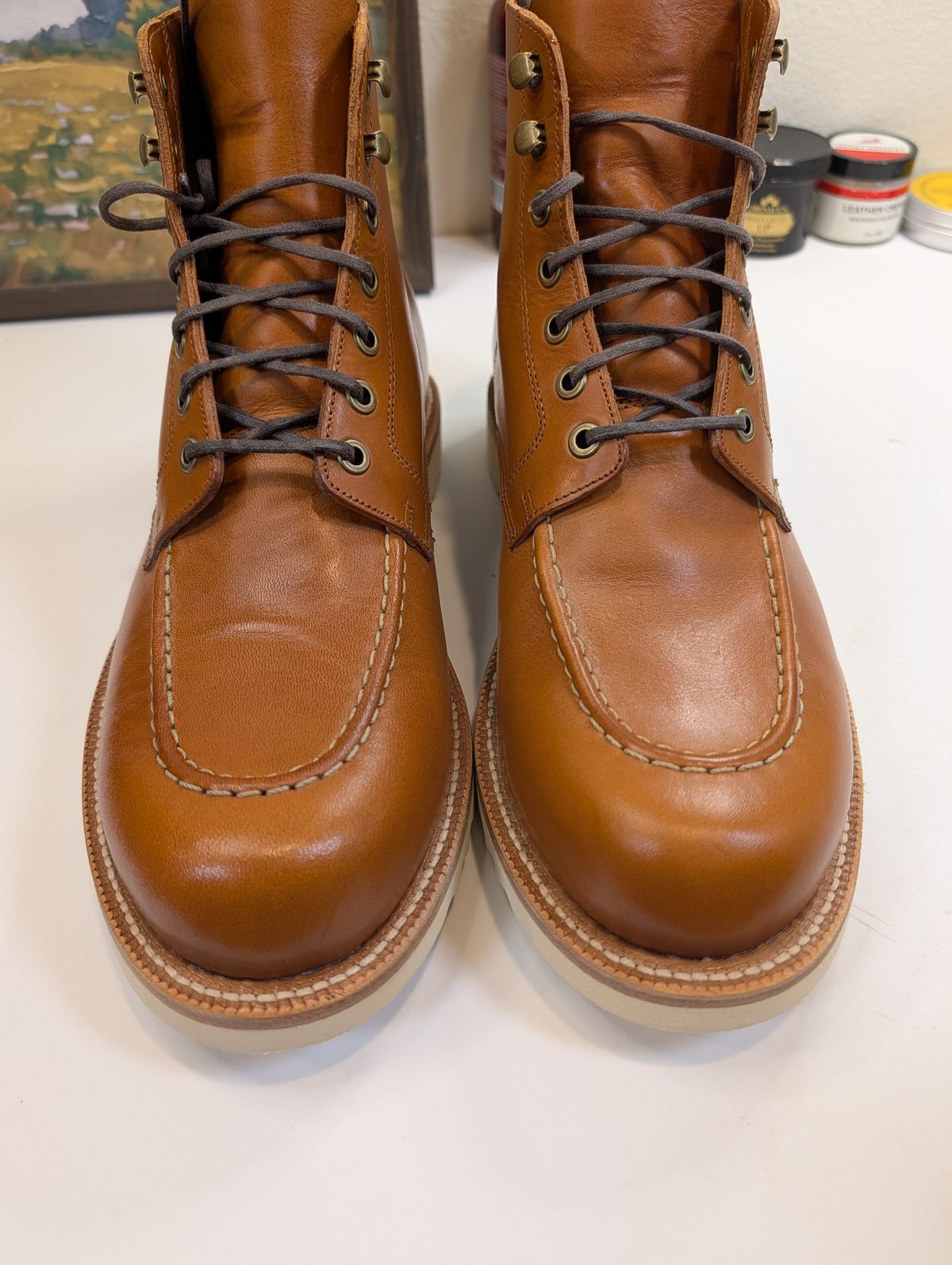 Photo by Johnnyknocks on June 3, 2026 of the Grant Stone Brass Boot in Badalassi Carlo Saddle Tan Minerva.