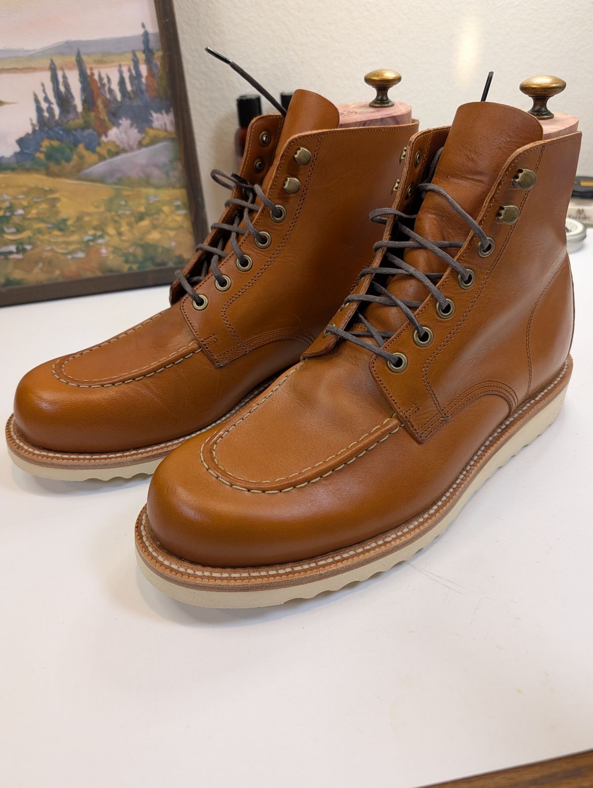 Photo by Johnnyknocks on June 3, 2026 of the Grant Stone Brass Boot in Badalassi Carlo Saddle Tan Minerva.