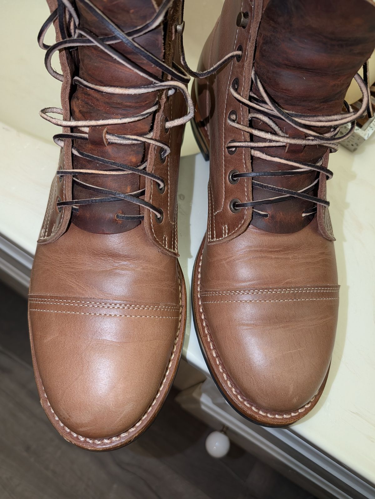 Photo by Johnnyknocks on February 2, 2026 of the Truman Cap Toe Boot in Seidel Sesame Double Shot.