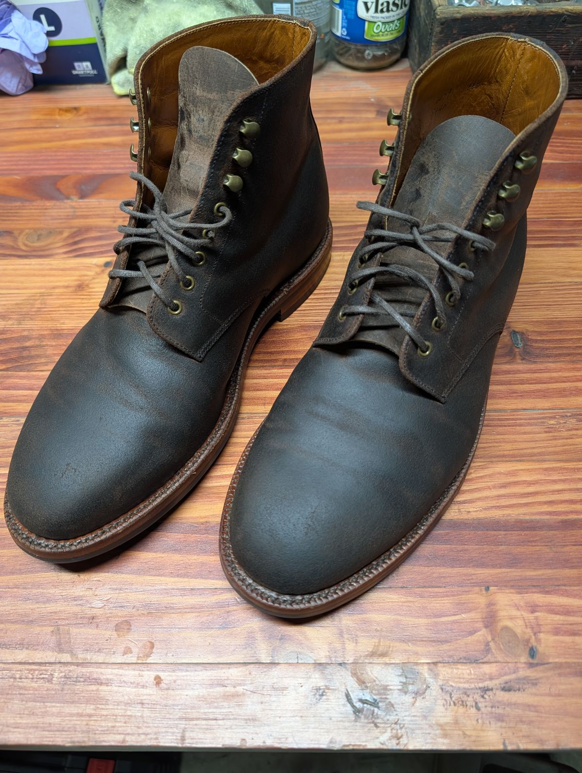 Photo by Johnnyknocks on June 18, 2026 of the Grant Stone Edward Boot in C.F. Stead Tobacco Waxy Commander Suede.