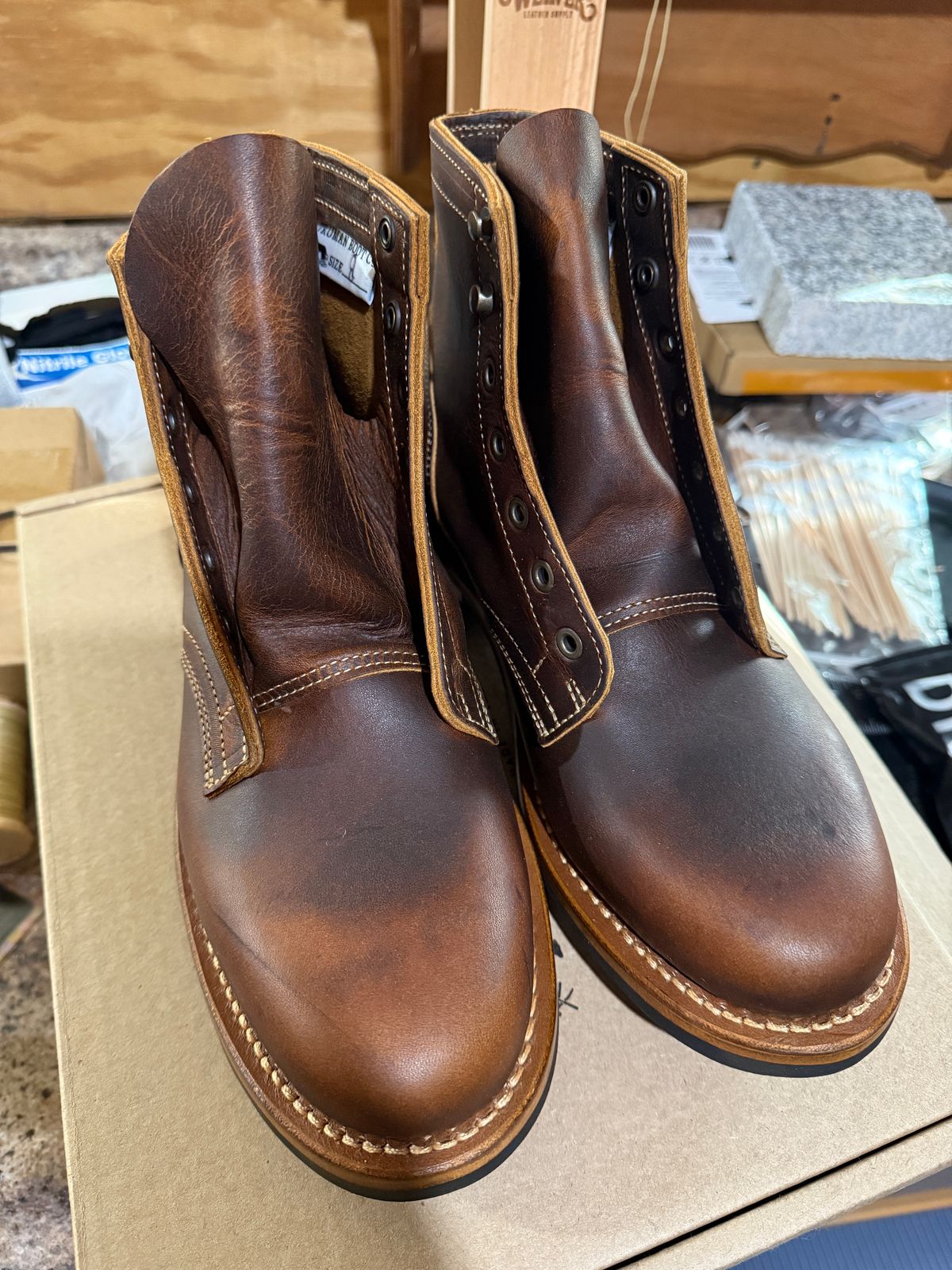 Photo by sweatpantszach on May 12, 2025 of the Truman Plain Toe Boot in Tobacco Snakebite.