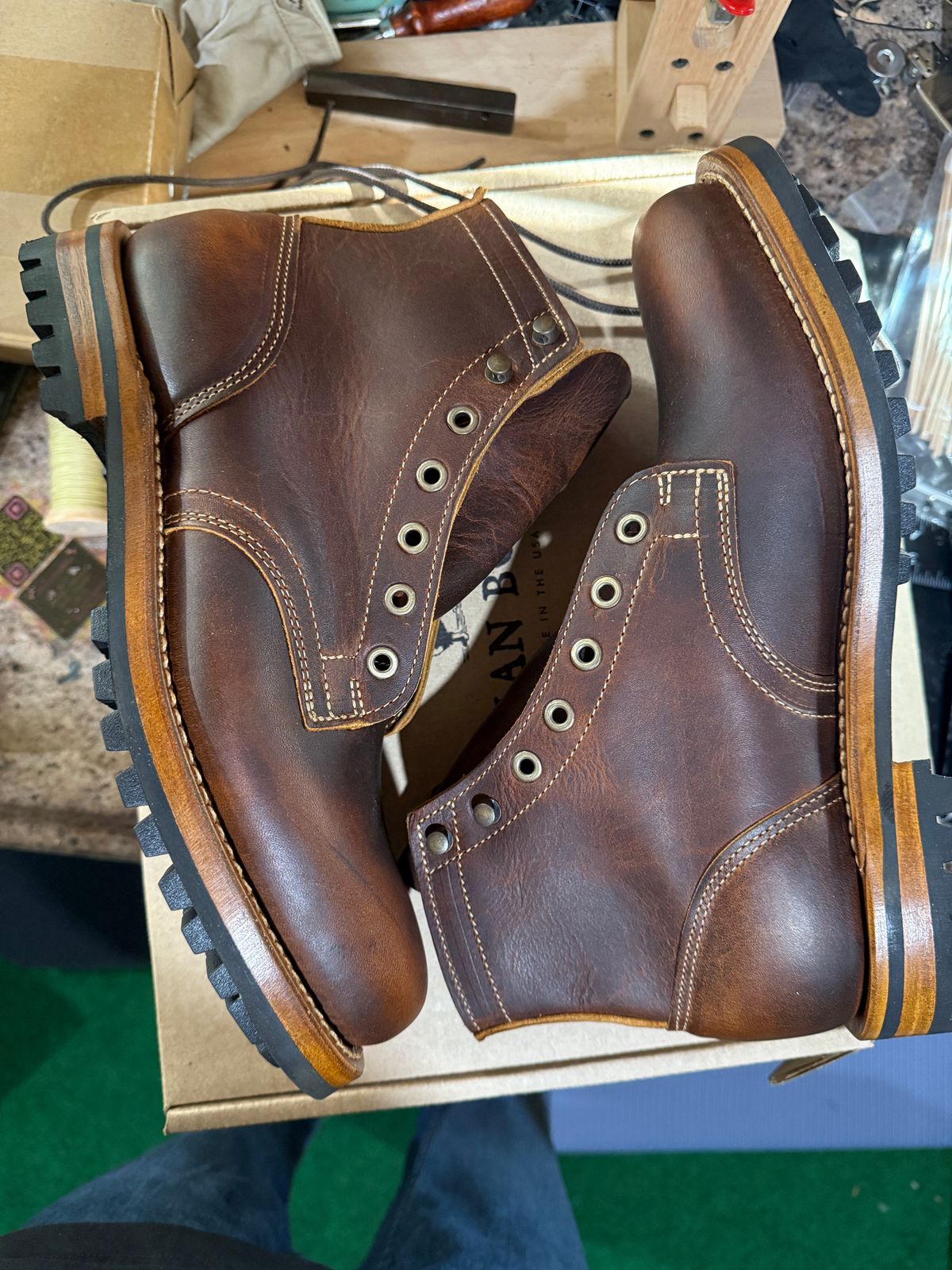 Photo by sweatpantszach on May 12, 2025 of the Truman Plain Toe Boot in Tobacco Snakebite.