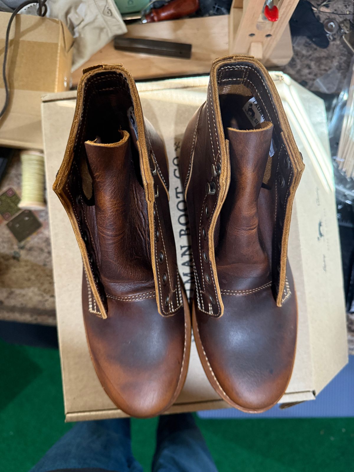 Photo by sweatpantszach on May 12, 2025 of the Truman Plain Toe Boot in Tobacco Snakebite.