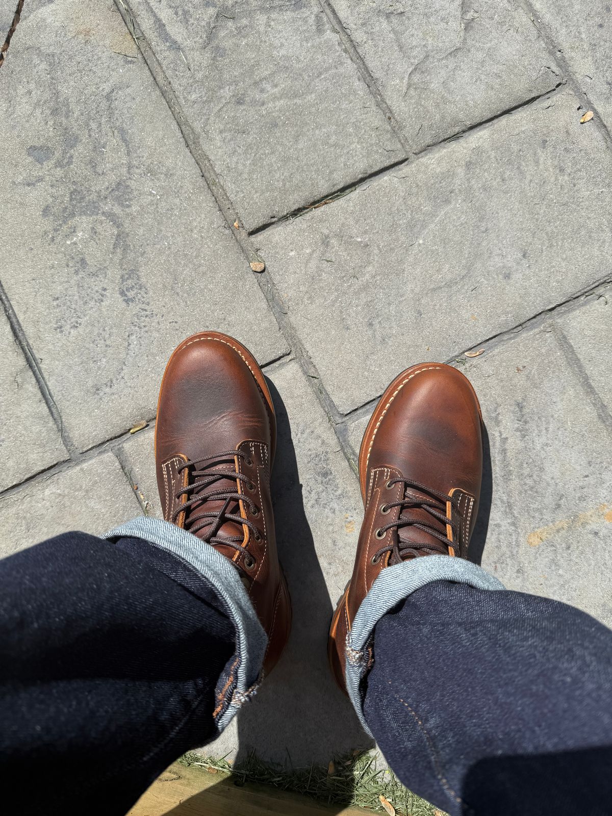 Photo by sweatpantszach on May 14, 2025 of the Truman Plain Toe Boot in Tobacco Snakebite.