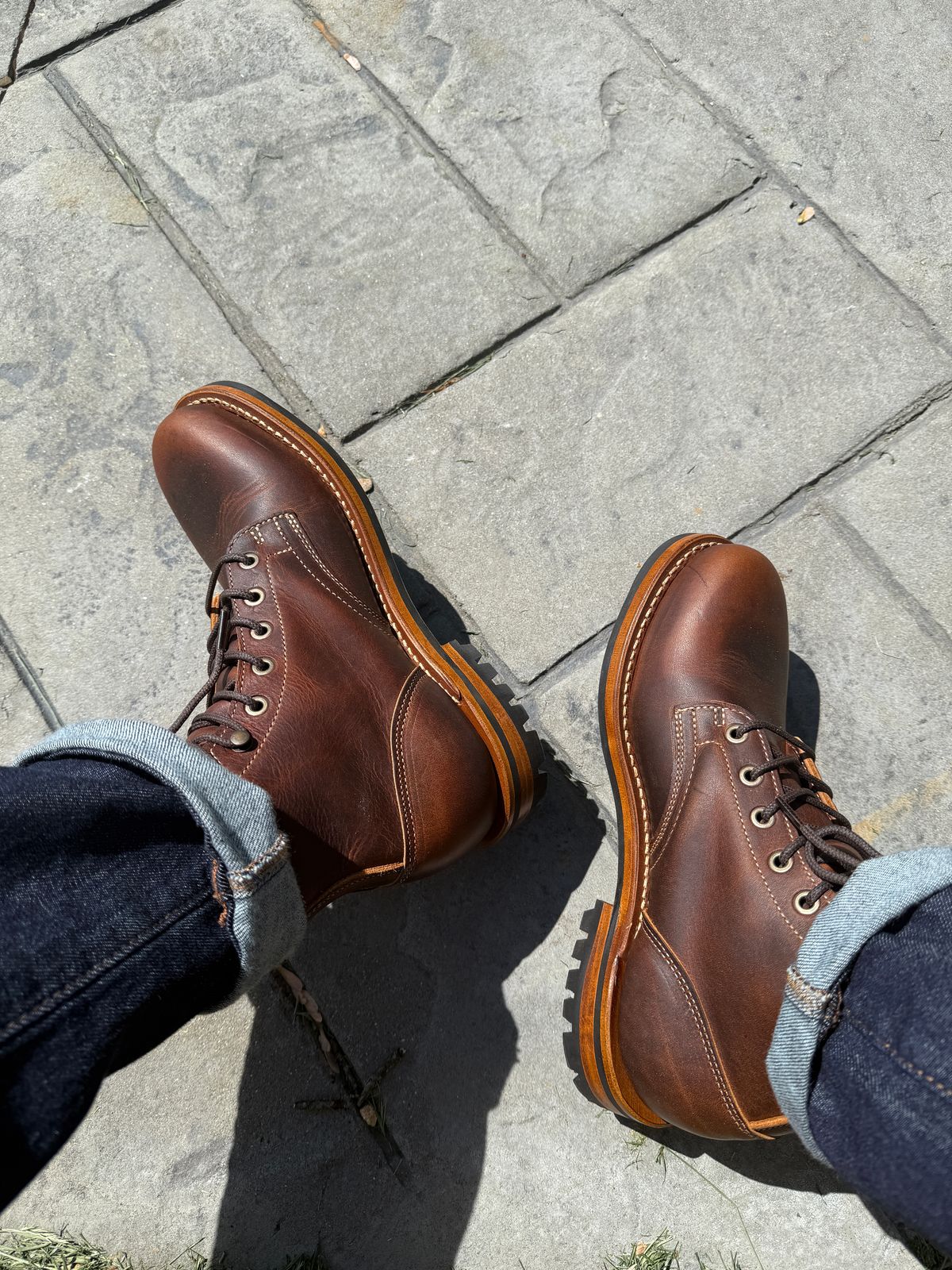 Photo by sweatpantszach on May 14, 2025 of the Truman Plain Toe Boot in Tobacco Snakebite.